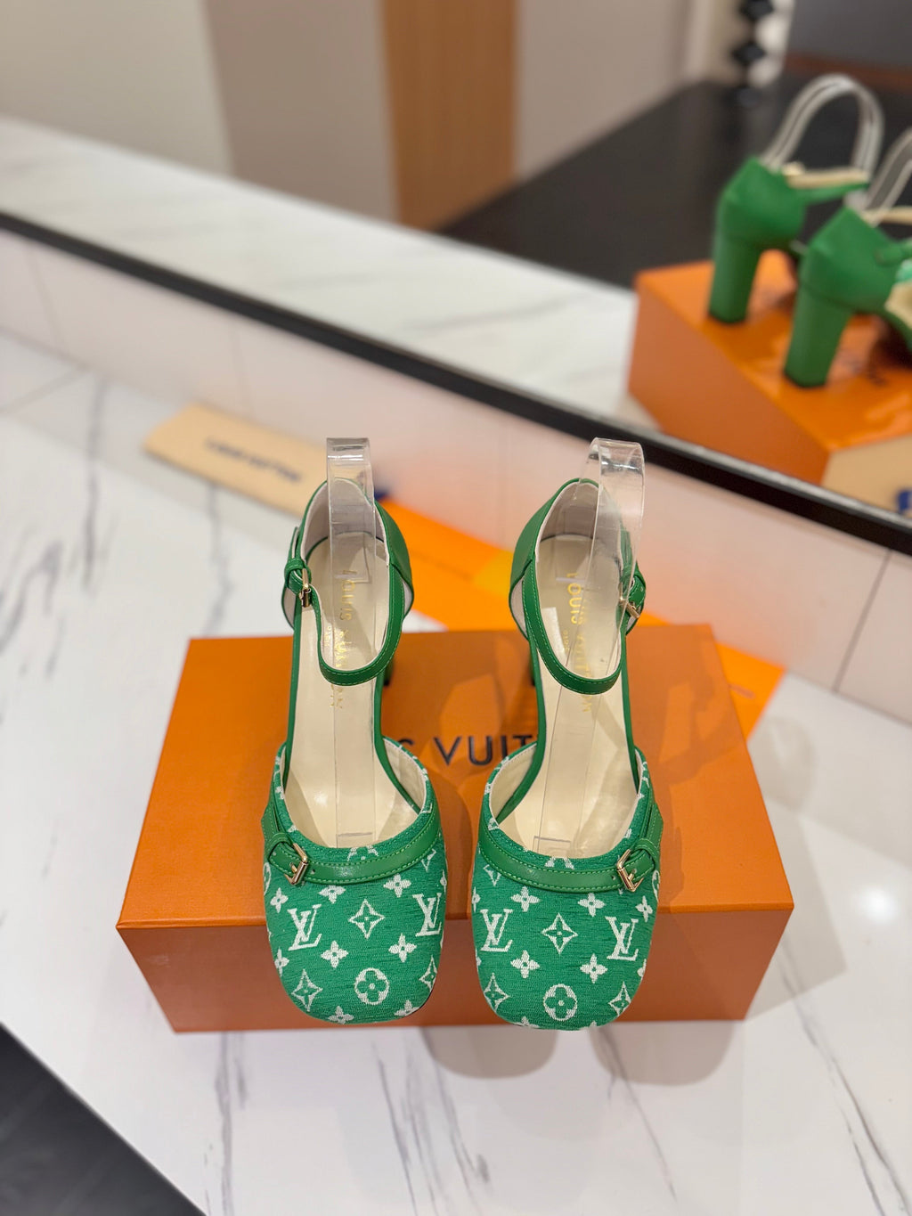 LOUIS VUITTON HIGH SANDALS 8 CM IN EMERALD GREEN MONOGRAM DENIM AND CALFSKIN