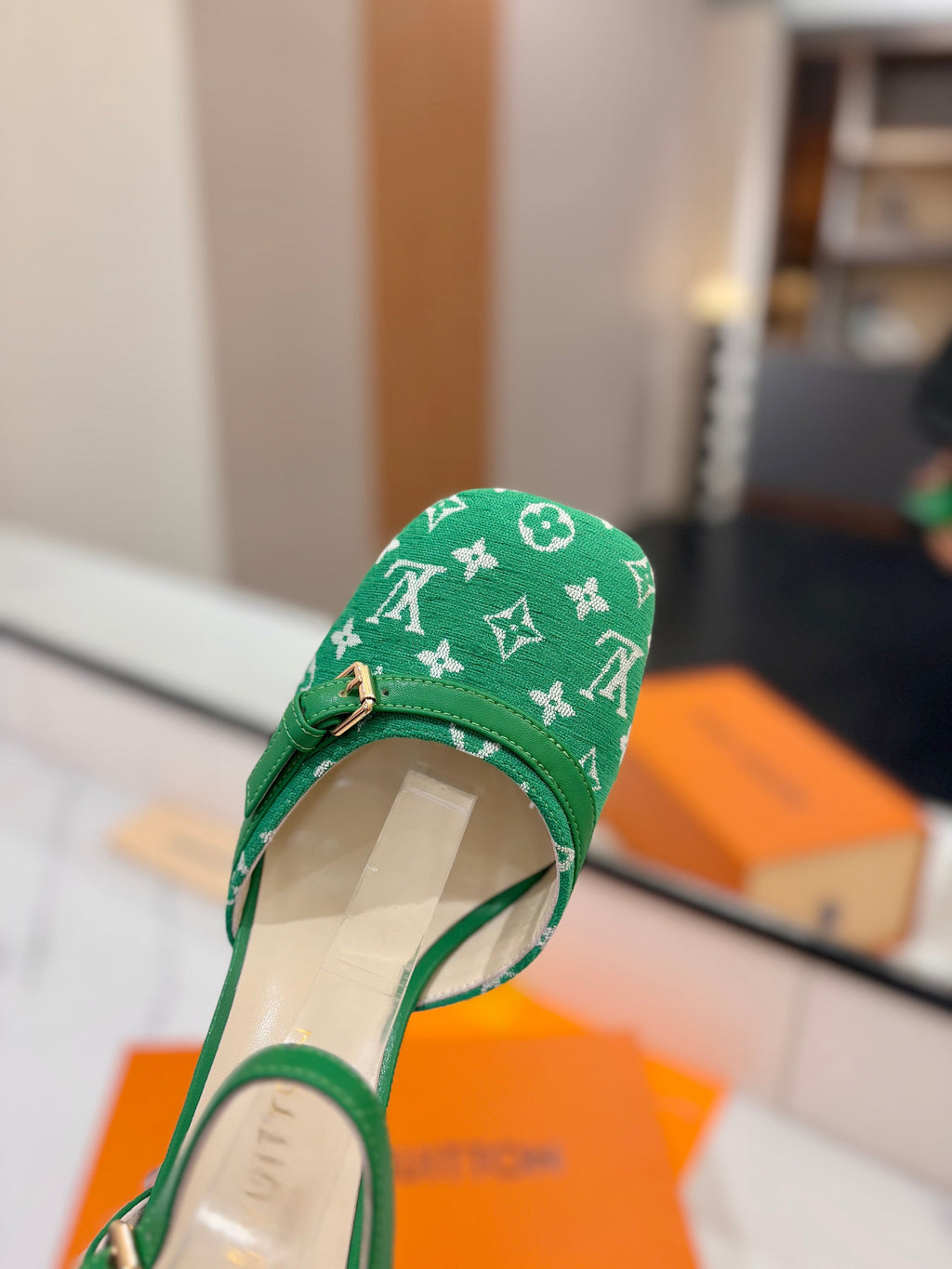 LOUIS VUITTON HIGH SANDALS 8 CM IN EMERALD GREEN MONOGRAM DENIM AND CALFSKIN