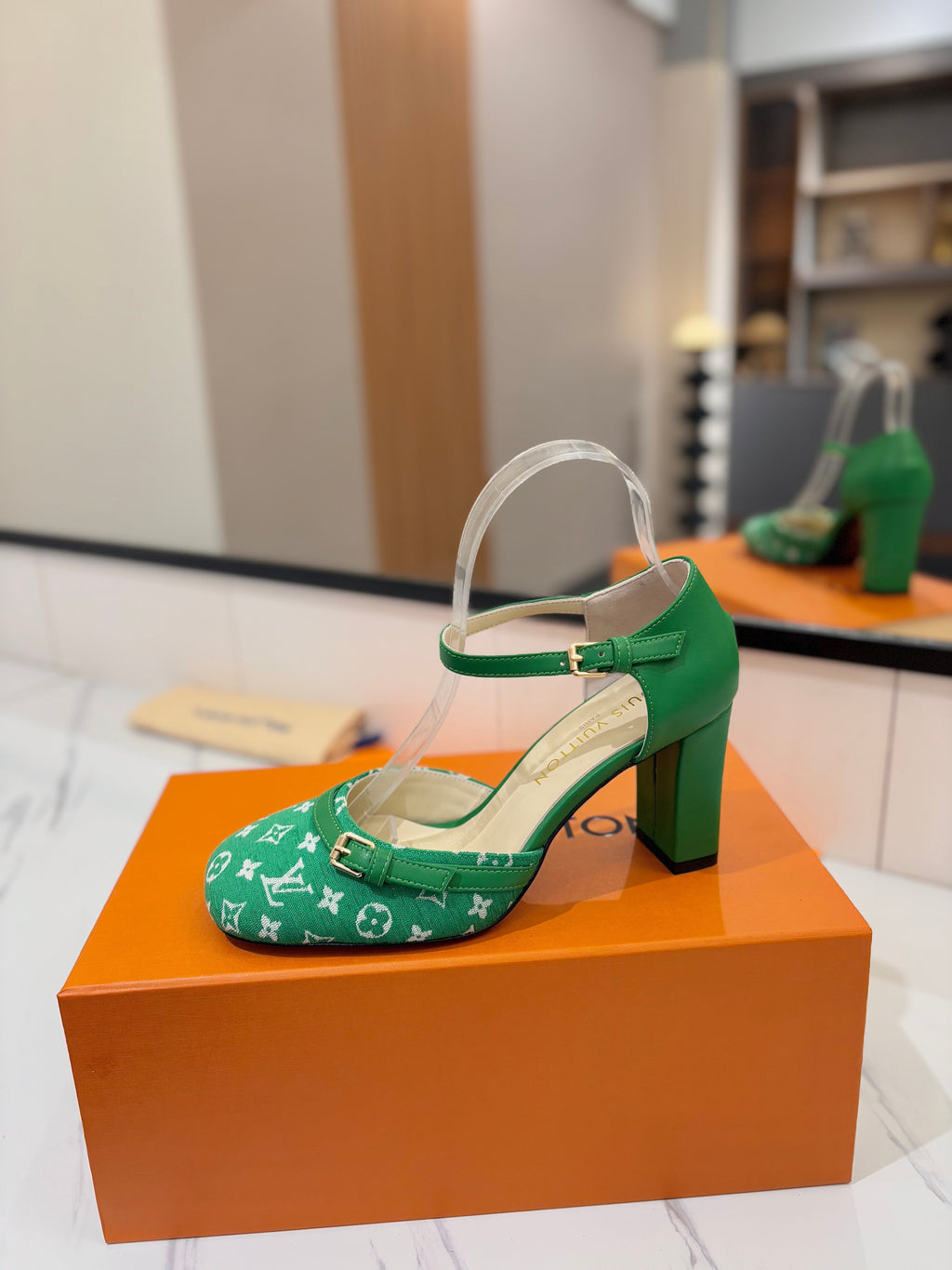 LOUIS VUITTON HIGH SANDALS 8 CM IN EMERALD GREEN MONOGRAM DENIM AND CALFSKIN