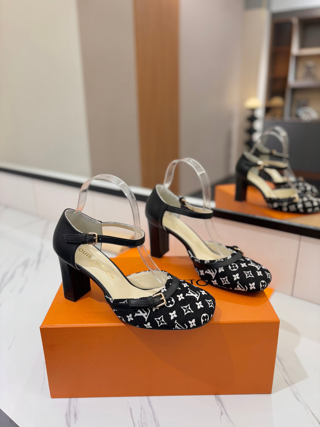 LOUIS VUITTON HIGH SANDALS 8 CM IN BLACK MONOGRAM DENIM AND CALFSKIN