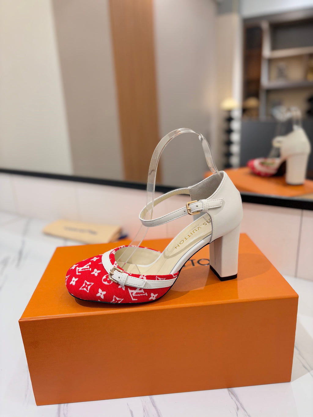 LOUIS VUITTON HIGH SANDALS 8 CM IN CHERRY RED MONOGRAM DENIM AND WHITE CALFSKIN