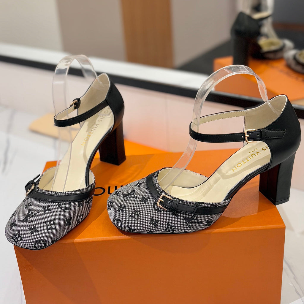 LOUIS VUITTON HIGH SANDALS 8 CM IN COOL GRAY MONOGRAM DENIM AND BLACK CALFSKIN