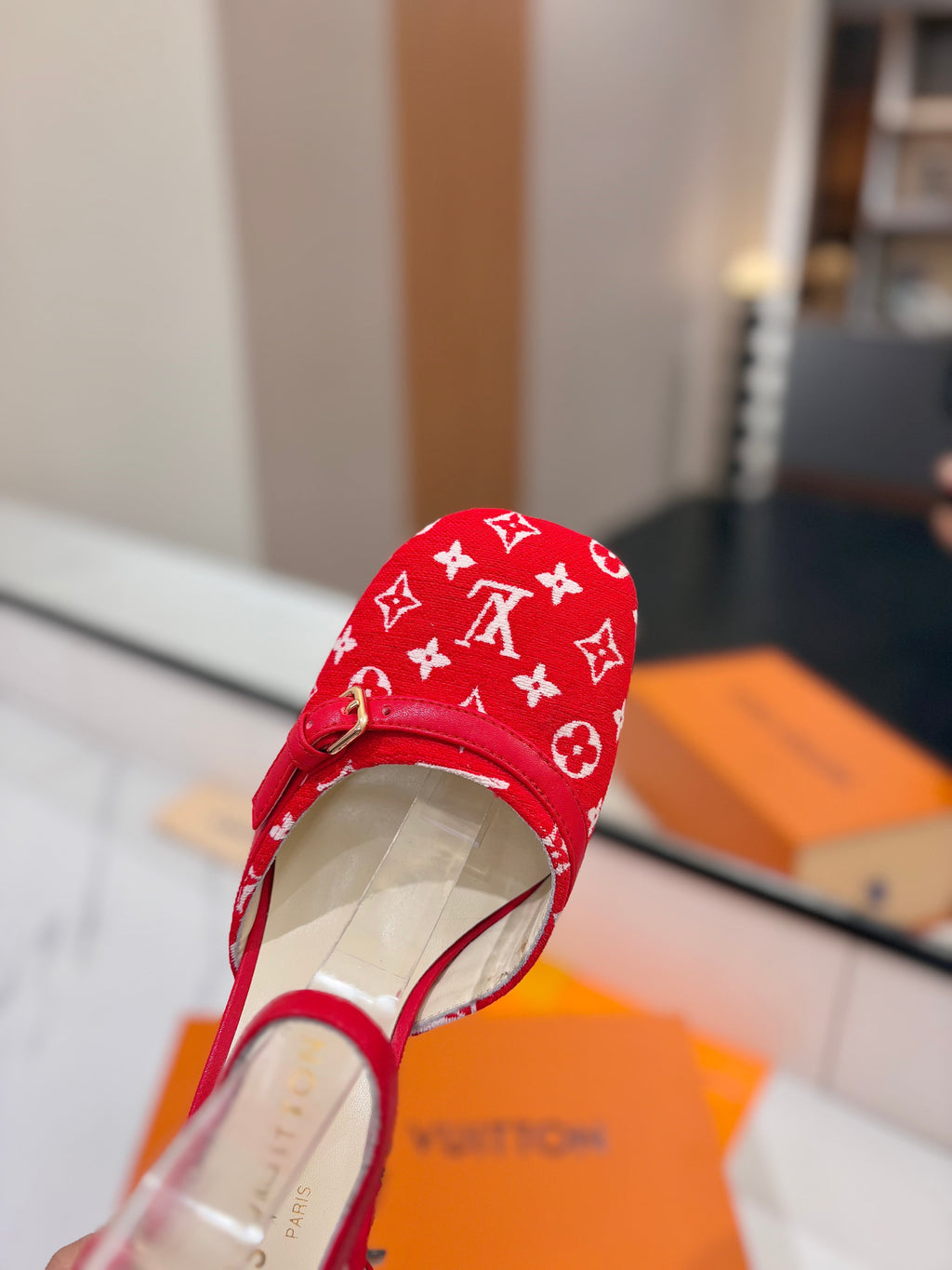 LOUIS VUITTON HIGH SANDALS 8 CM IN CHERRY RED MONOGRAM DENIM