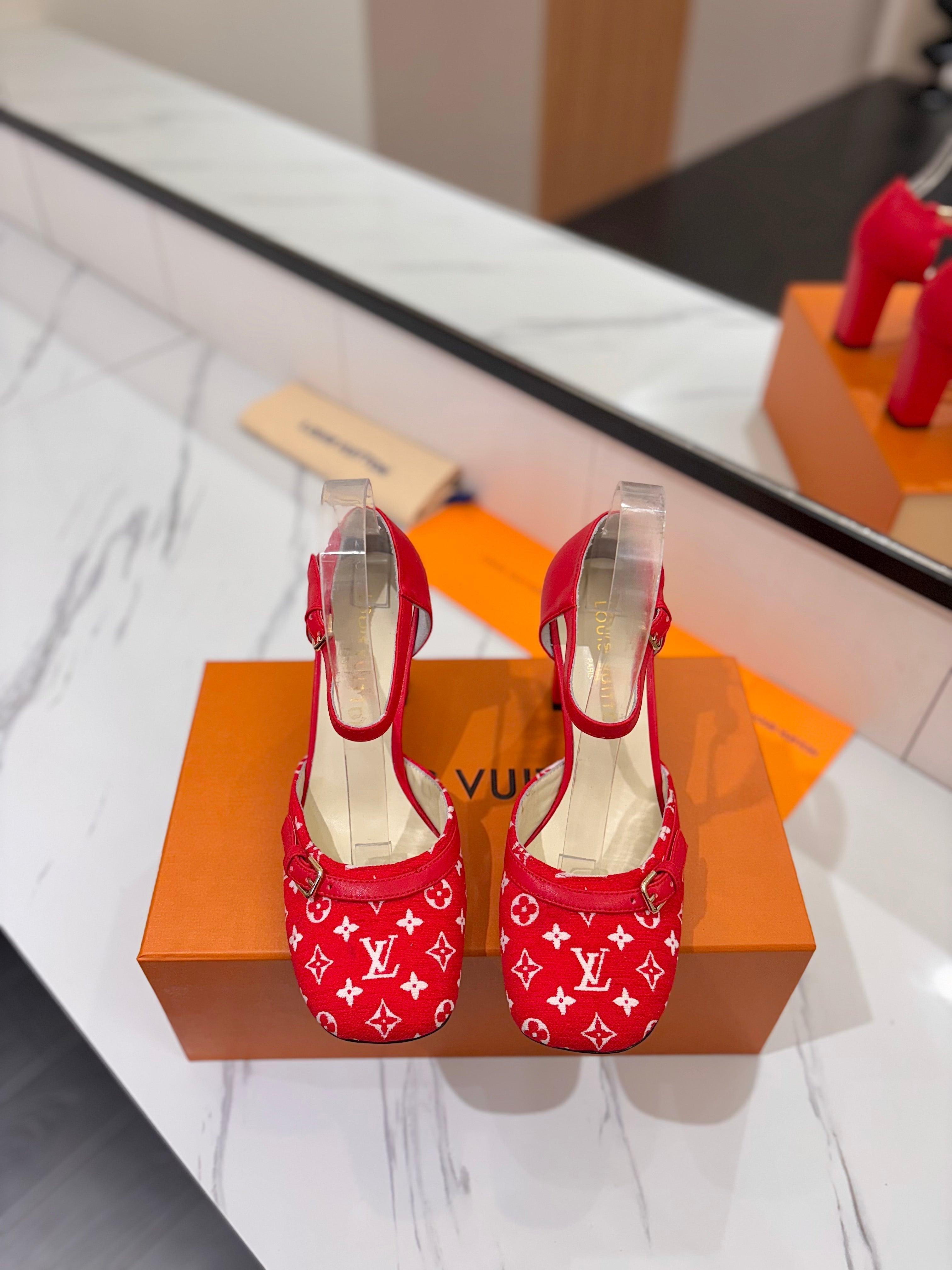LOUIS VUITTON HIGH SANDALS 8 CM IN CHERRY RED MONOGRAM DENIM