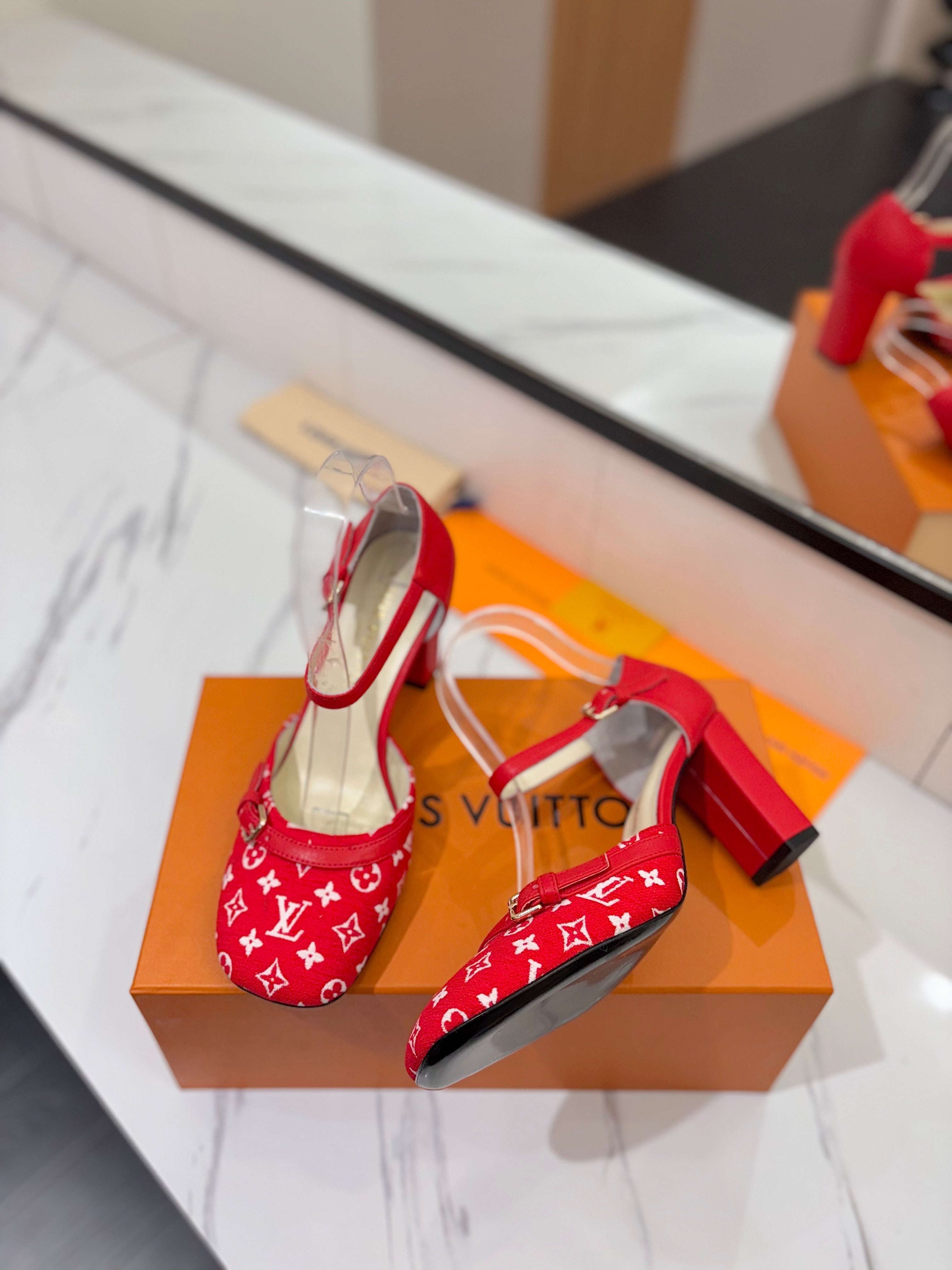 LOUIS VUITTON HIGH SANDALS 8 CM IN CHERRY RED MONOGRAM DENIM