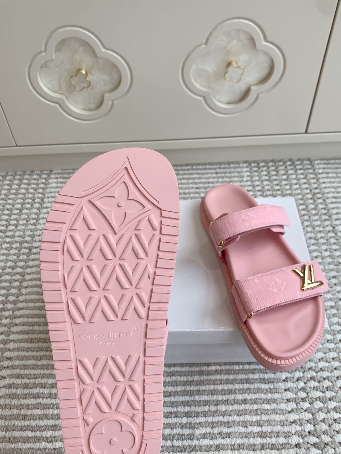 LOUIS VUITTON LV TWO-STRAP SANDALS 25S IN LIGHT PINK DENIM AND CALFSKIN WITH GOLD HARDWARE