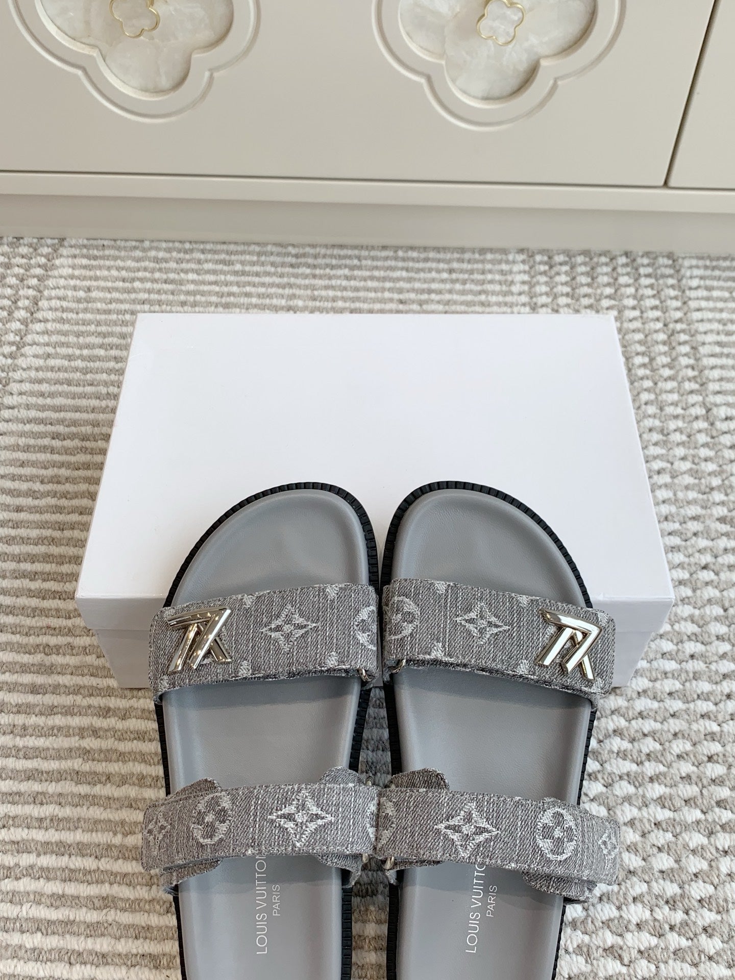 LOUIS VUITTON LV TWO-STRAP SANDALS 25S IN GREY DENIM AND CALFSKIN WITH SILVER HARDWARE