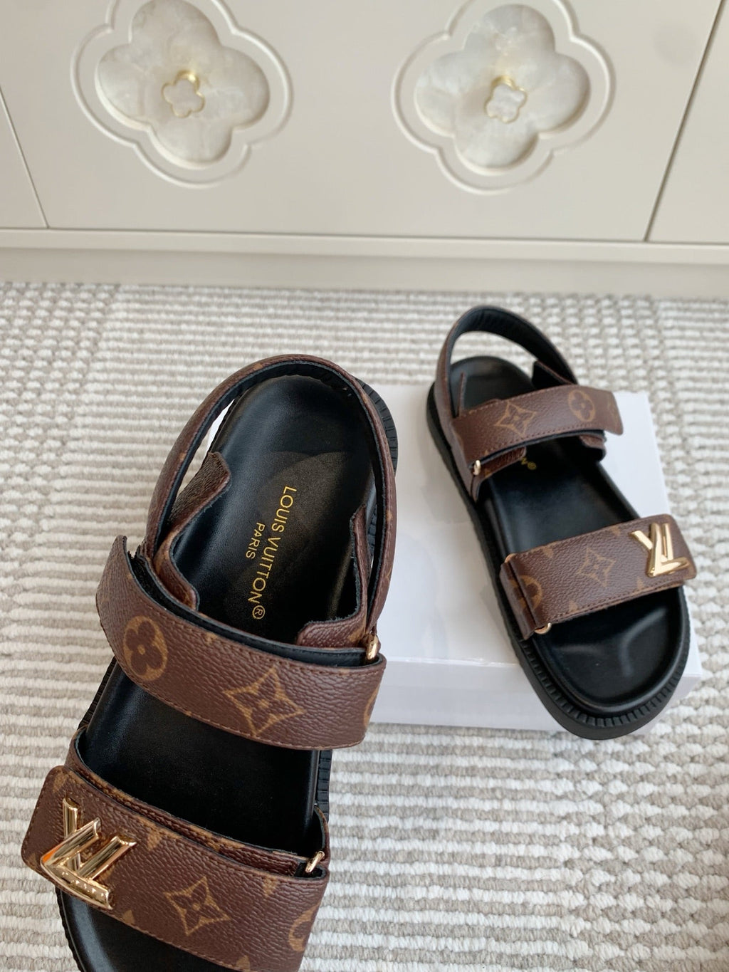 LOUIS VUITTON LV SANDALS 25S IN BROWN MIX BLACK CALFSKIN WITH GOLD HARDWARE