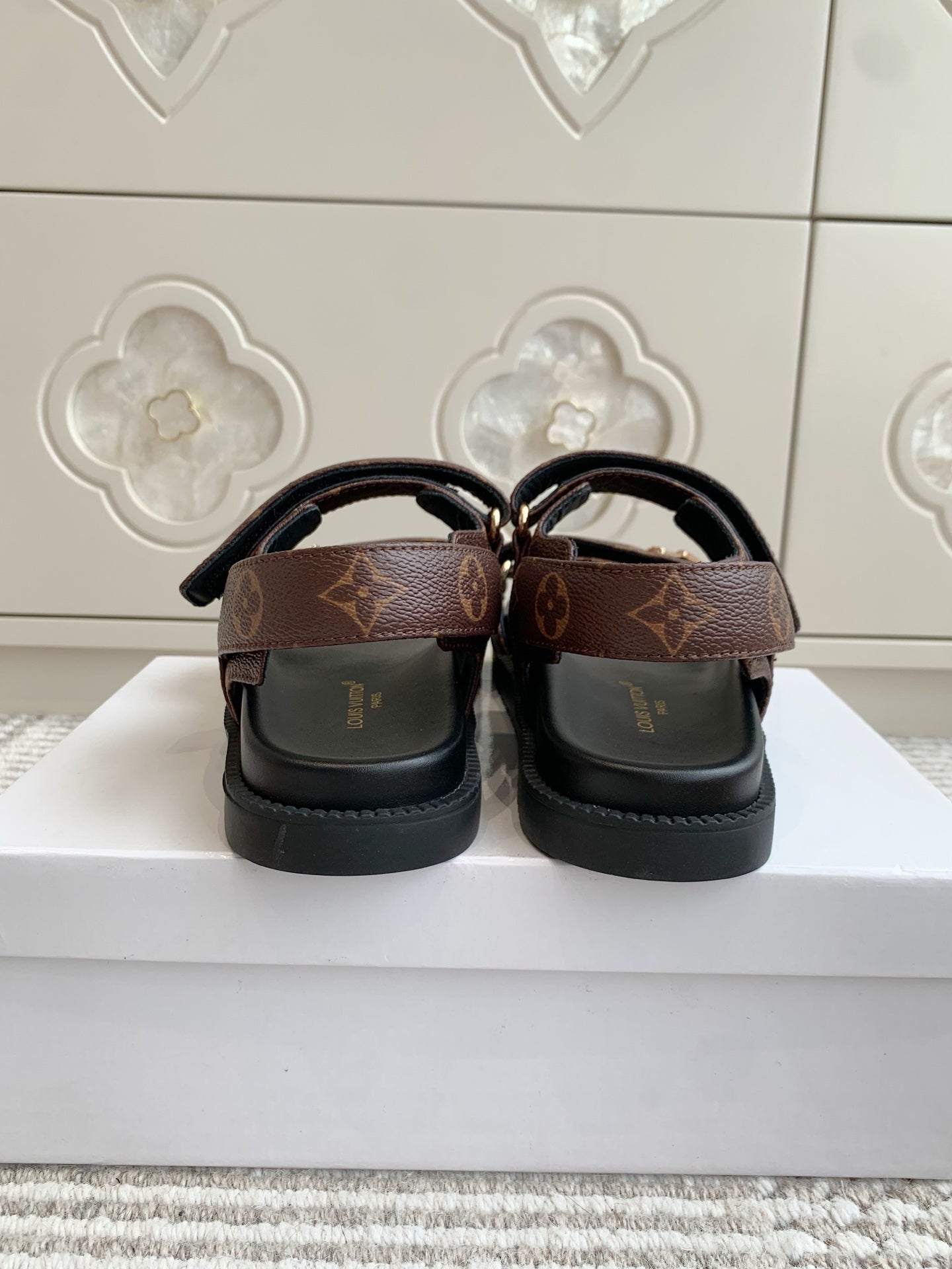 LOUIS VUITTON LV SANDALS 25S IN BROWN MIX BLACK CALFSKIN WITH GOLD HARDWARE