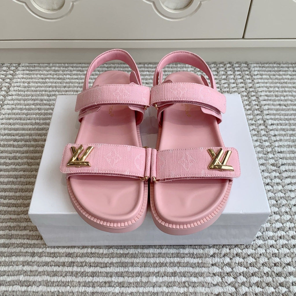 LOUIS VUITTON LV SANDALS 25S IN LIGHT PINK DENIM AND CALFSKIN WITH GOLD HARDWARE