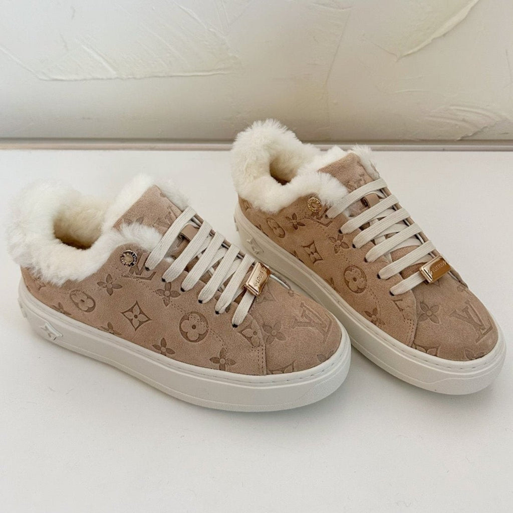 LOUIS VUITTON TIME OUT SNEAKER IN DESERT BROWN MONOGRAM EMBOSSED SUEDE WITH FLEECE LINING