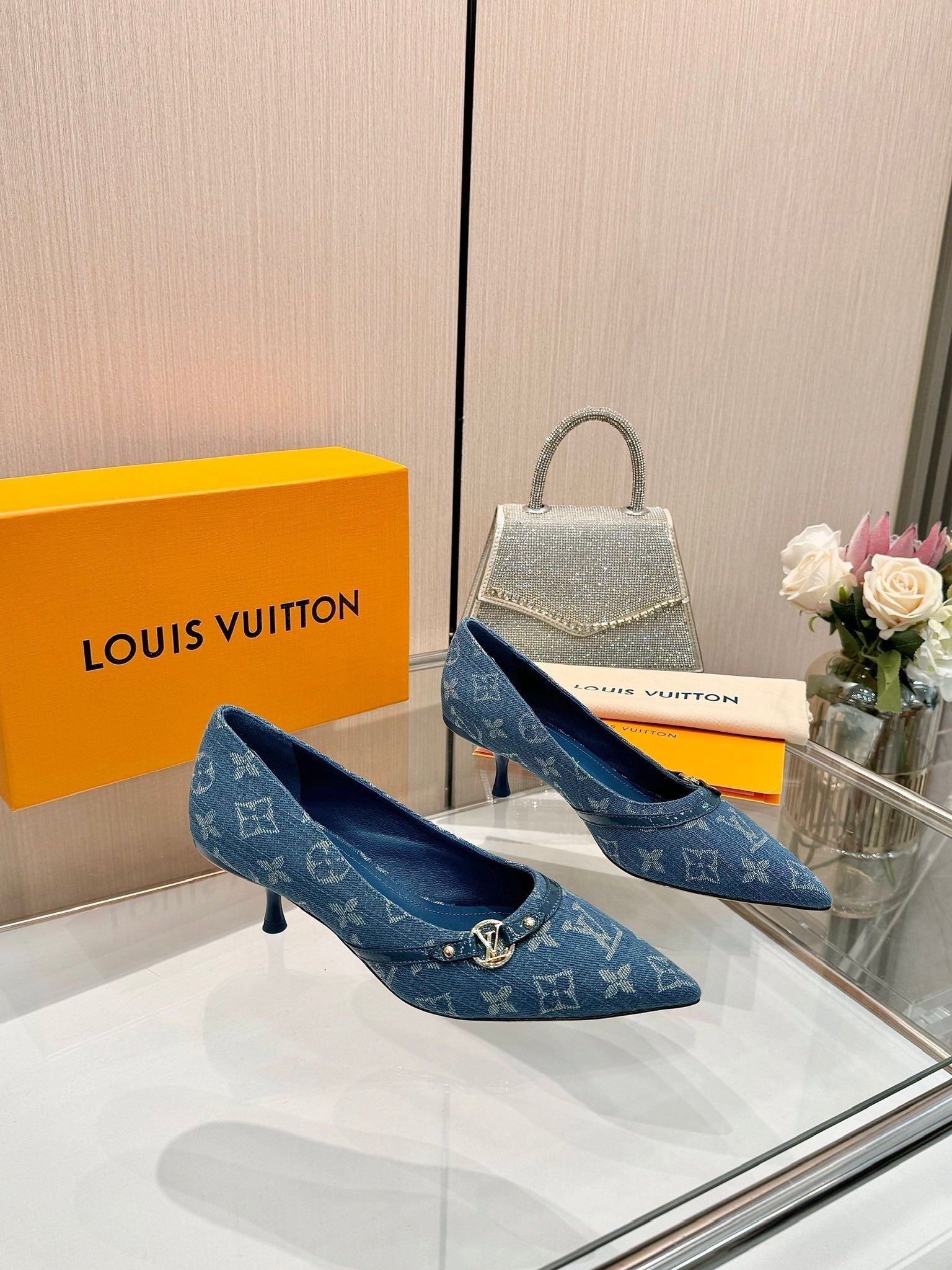LOUIS VUITTON 6AM HIGH HEELS 55 MM IN CLASSIC BLUE MONOGRAM DENIM