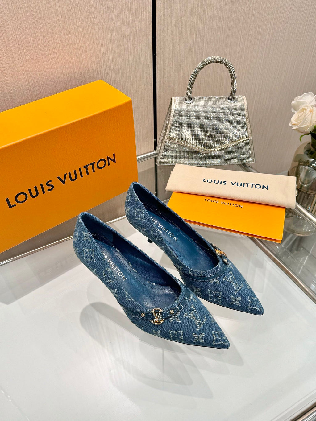 LOUIS VUITTON 6AM HIGH HEELS 55 MM IN CLASSIC BLUE MONOGRAM DENIM