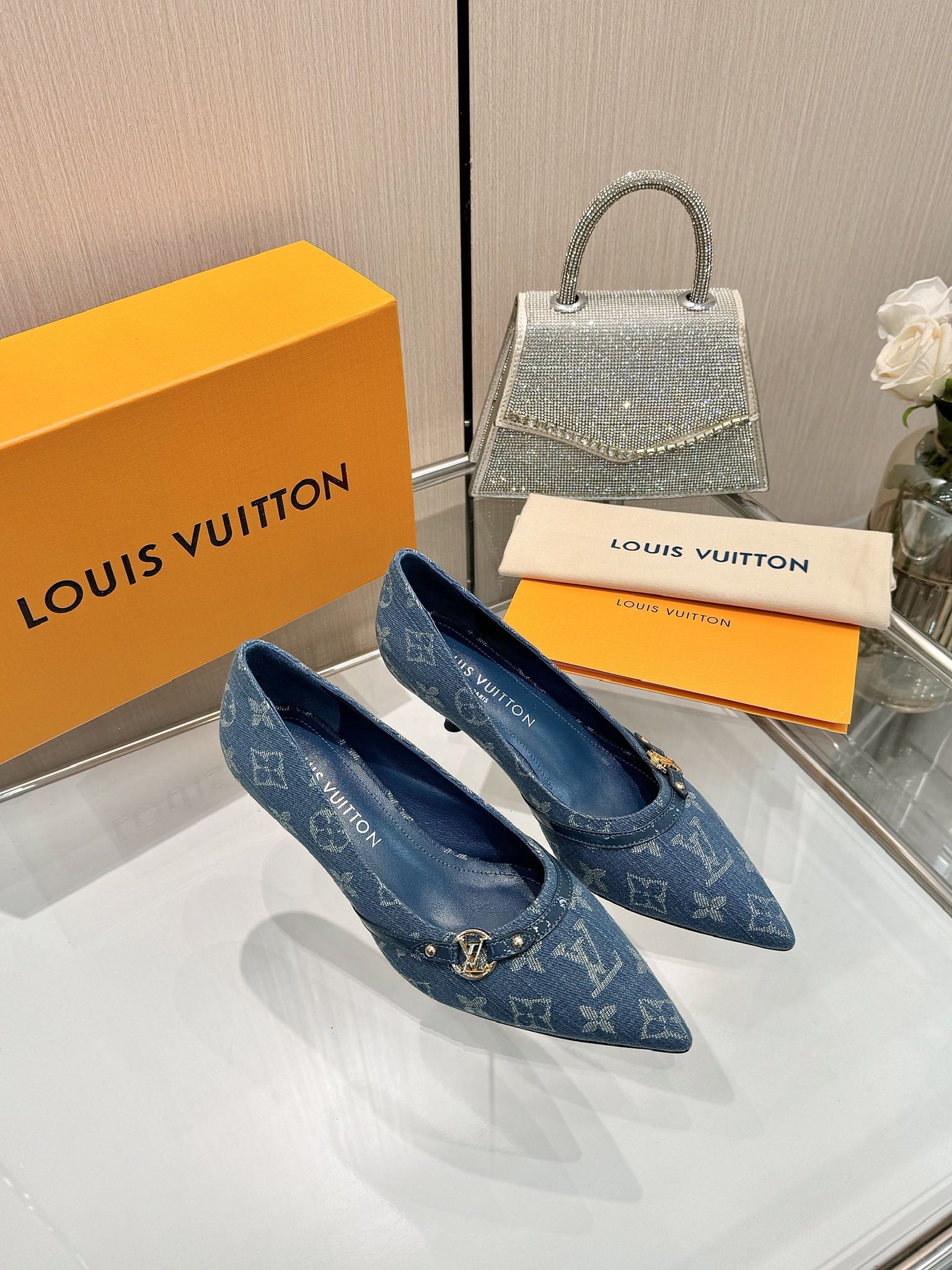 LOUIS VUITTON 6AM HIGH HEELS 55 MM IN CLASSIC BLUE MONOGRAM DENIM