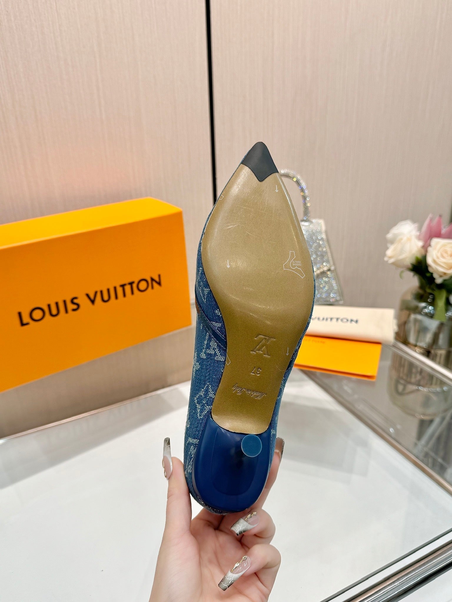 LOUIS VUITTON 6AM HIGH HEELS 55 MM IN CLASSIC BLUE MONOGRAM DENIM