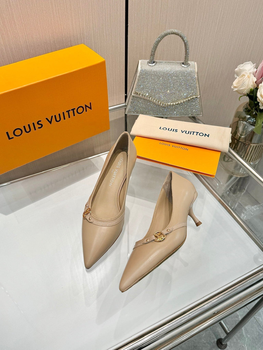 LOUIS VUITTON 6AM HIGH HEELS 55 MM IN TAN BEIGE LAMBSKIN