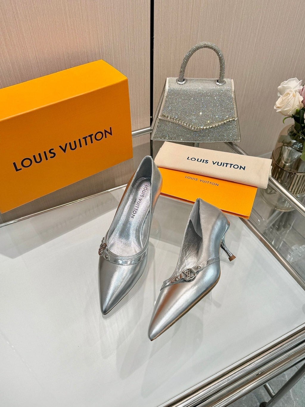 LOUIS VUITTON 6AM HIGH HEELS 55 MM IN SILVER LAMBSKIN