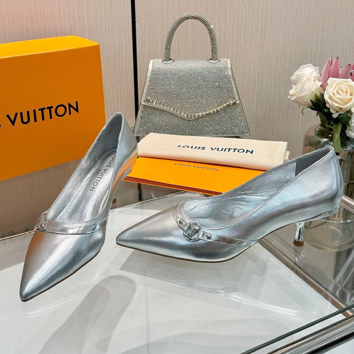 LOUIS VUITTON 6AM HIGH HEELS 55 MM IN SILVER LAMBSKIN