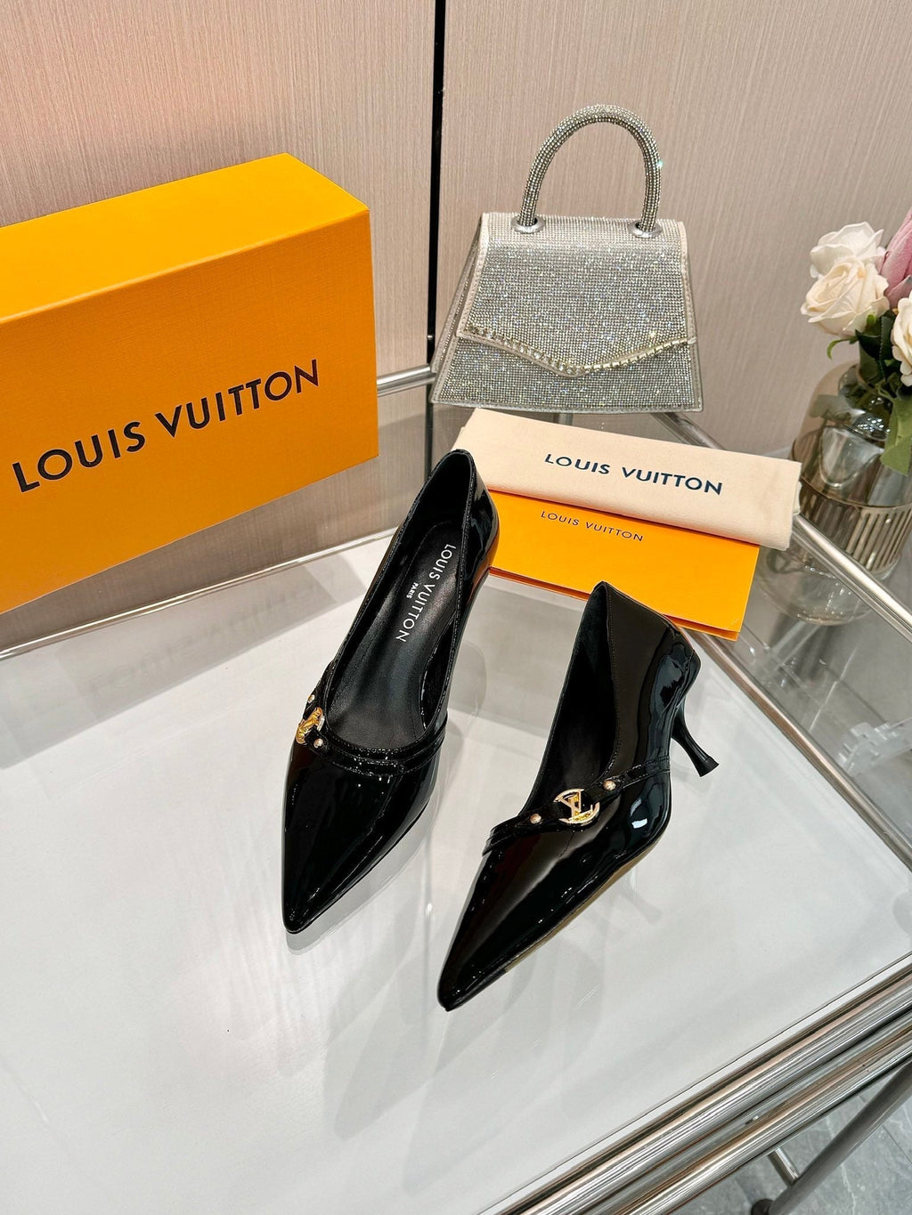 LOUIS VUITTON 6AM HIGH HEELS 55 MM IN BLACK PATENT LAMBSKIN