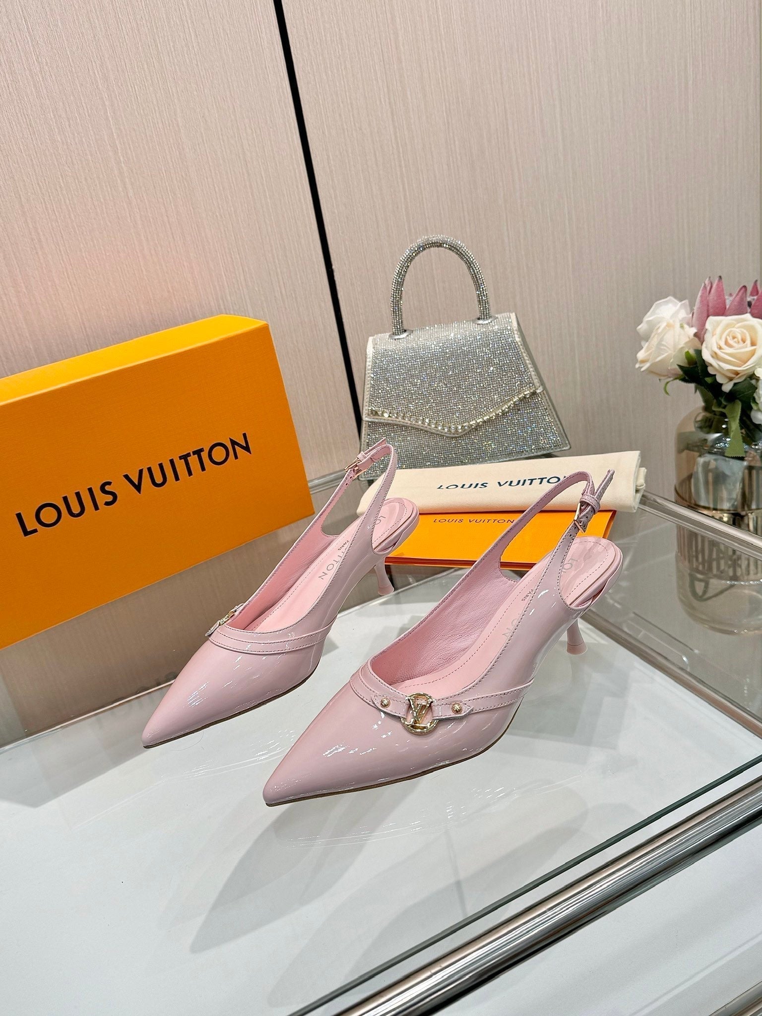 LOUIS VUITTON 6AM SLINGBACK HIGH HEELS 55 MM IN LIGHT PINK PATENT LAMBSKIN