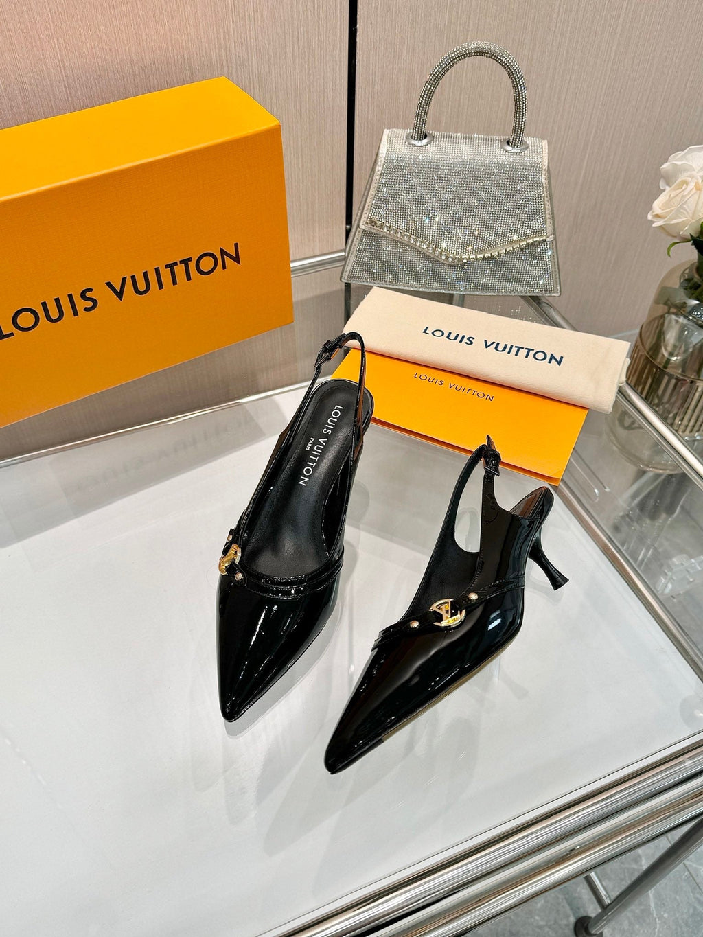 LOUIS VUITTON 6AM SLINGBACK HIGH HEELS 55 MM IN BLACK PATENT LAMBSKIN