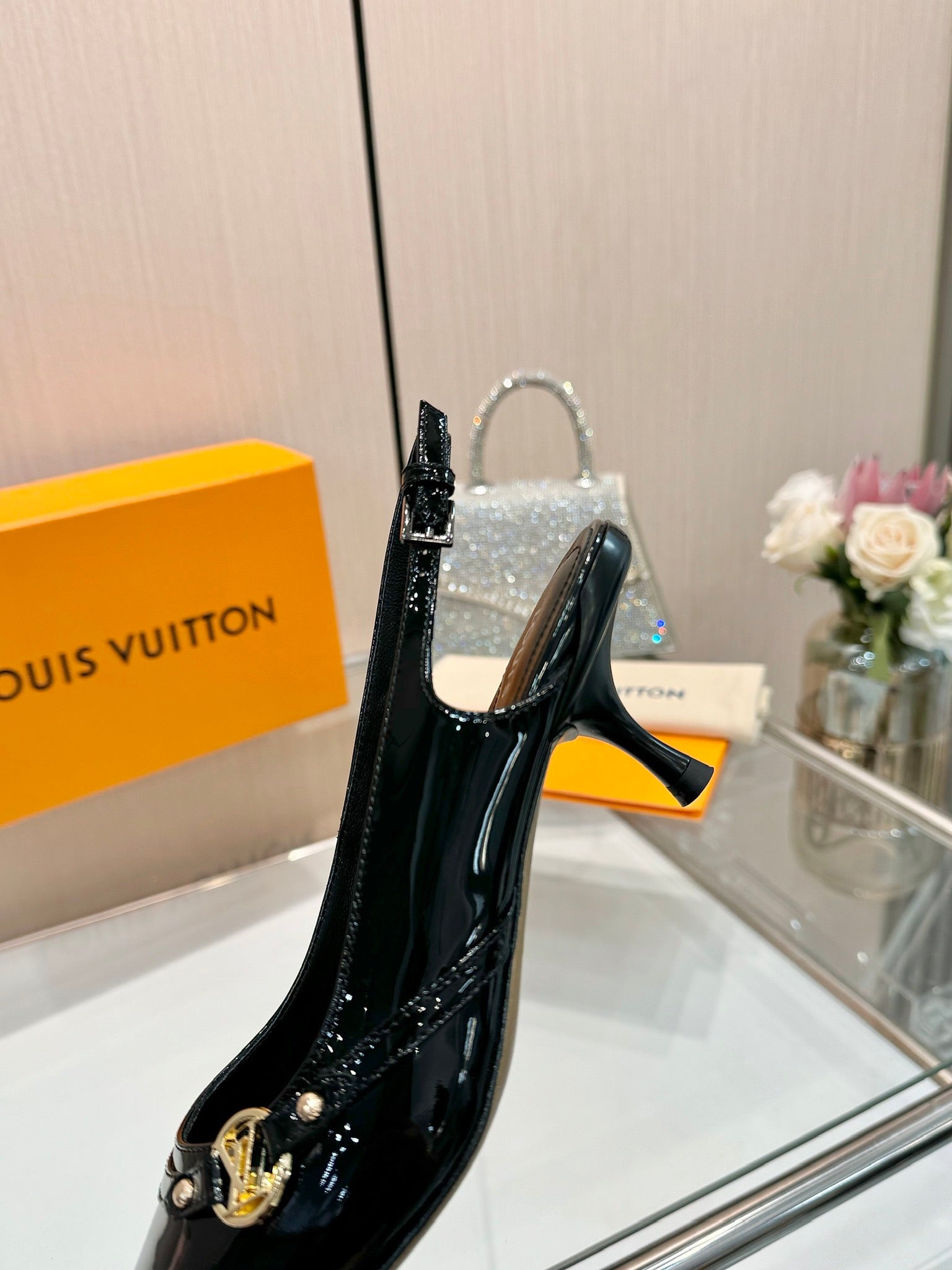 LOUIS VUITTON 6AM SLINGBACK HIGH HEELS 55 MM IN BLACK PATENT LAMBSKIN