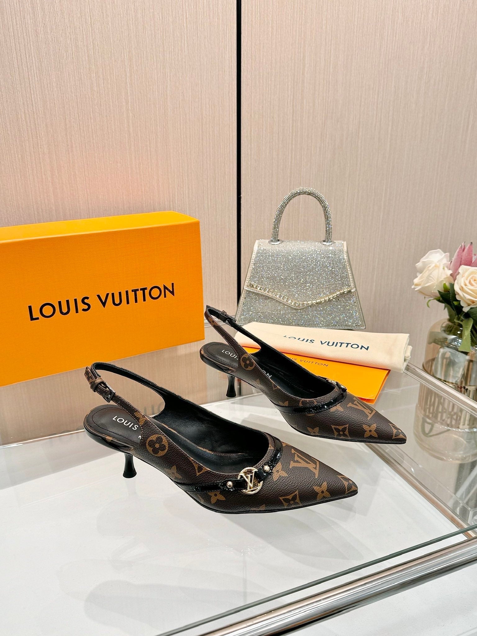 LOUIS VUITTON 6AM SLINGBACK HIGH HEELS 55 MM IN CHOCOLATE BROWN MONOGRAM LAMBSKIN