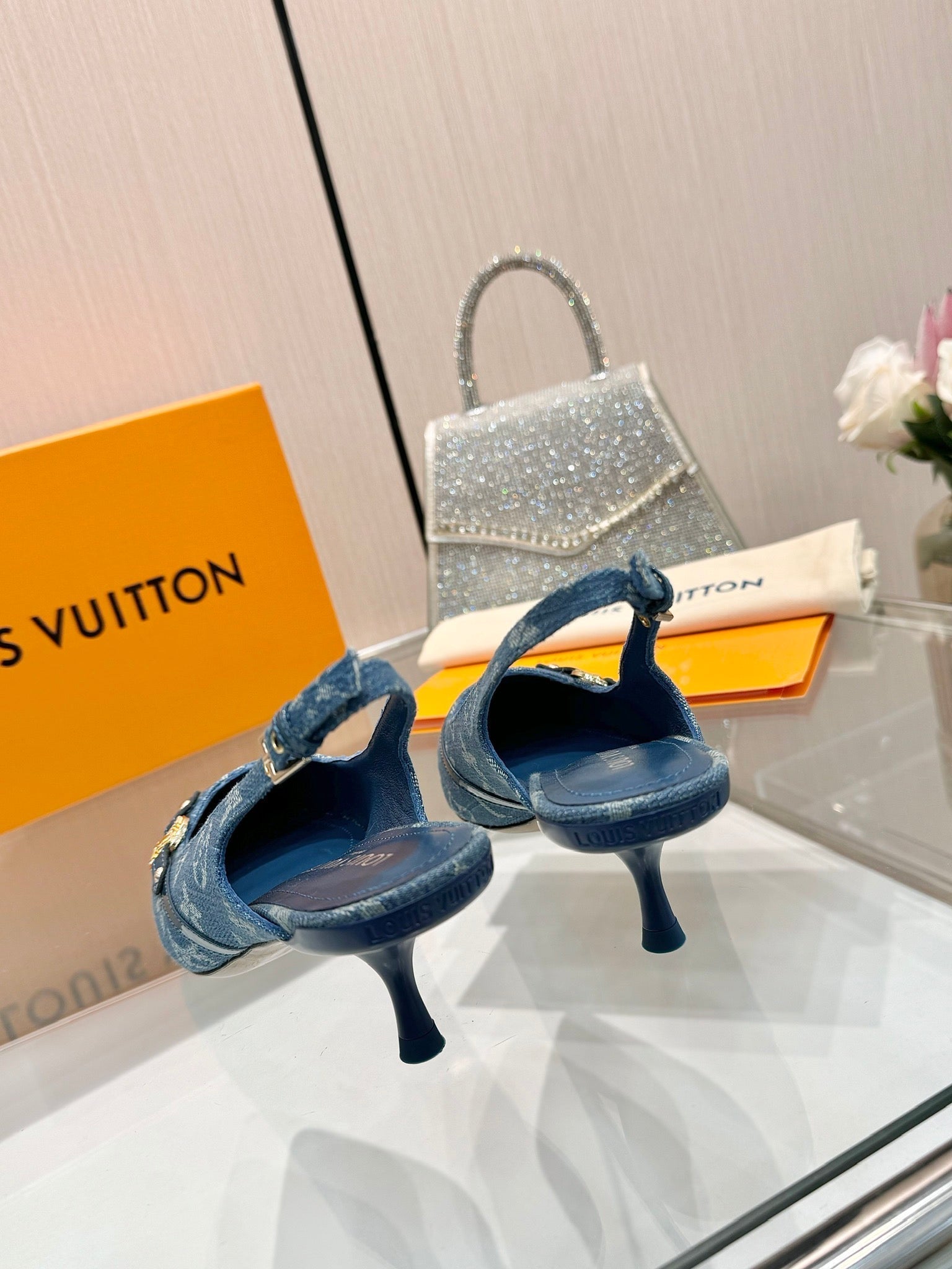 LOUIS VUITTON 6AM SLINGBACK HIGH HEELS 55 MM IN CLASSIC BLUE MONOGRAM DENIM