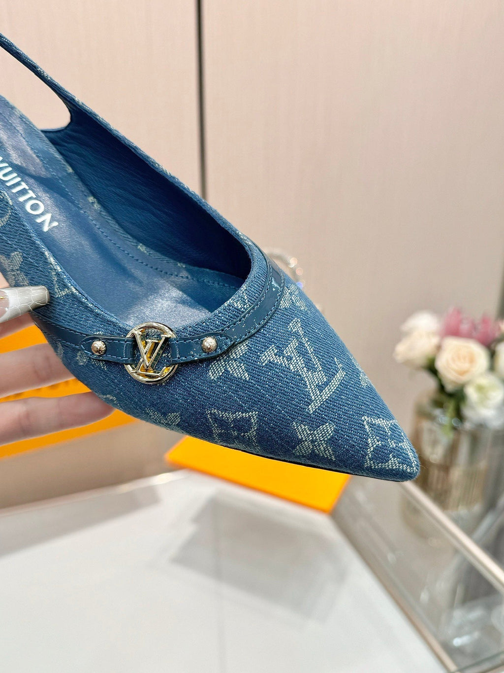LOUIS VUITTON 6AM SLINGBACK HIGH HEELS 55 MM IN CLASSIC BLUE MONOGRAM DENIM