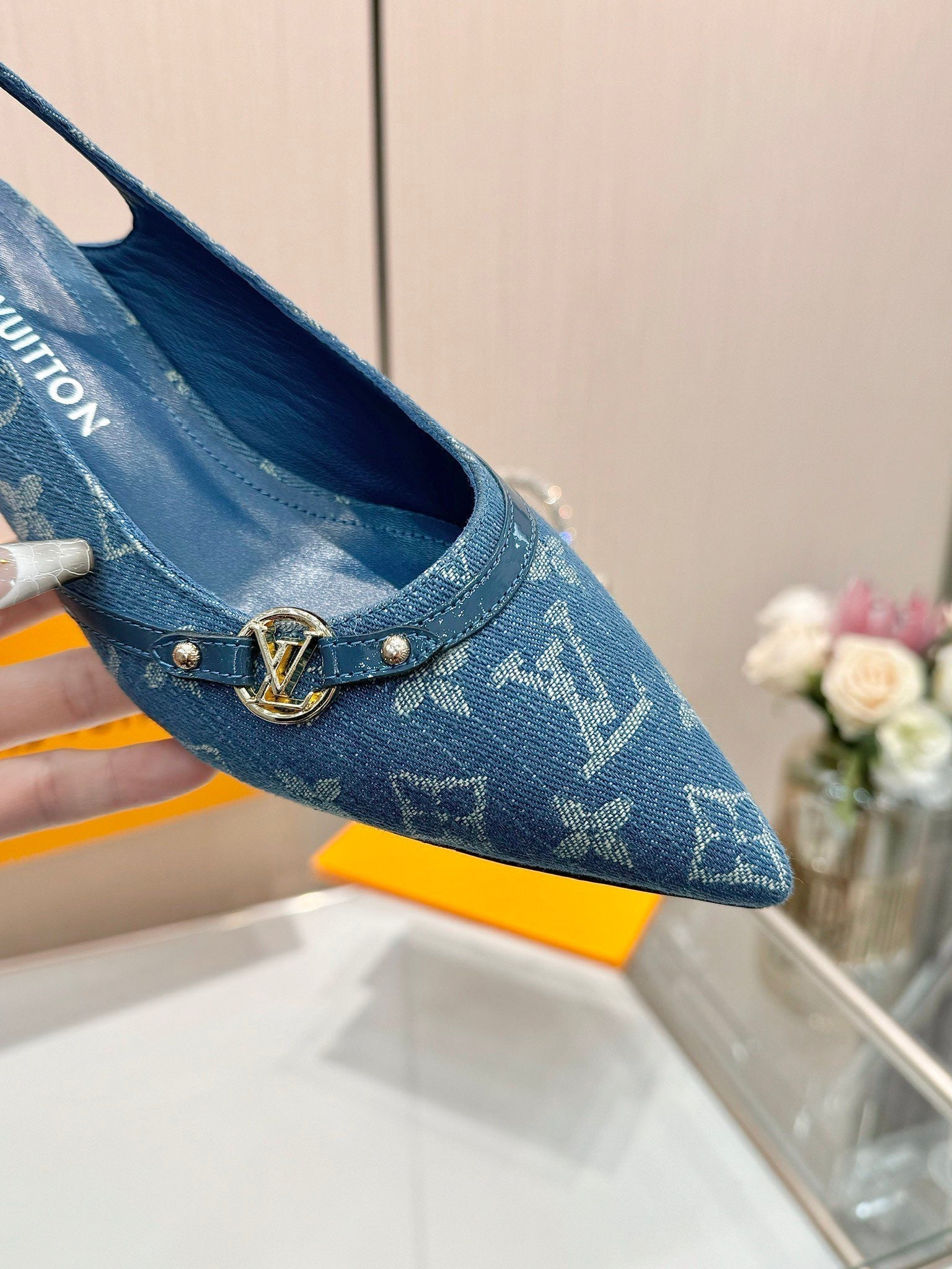 LOUIS VUITTON 6AM SLINGBACK HIGH HEELS 55 MM IN CLASSIC BLUE MONOGRAM DENIM