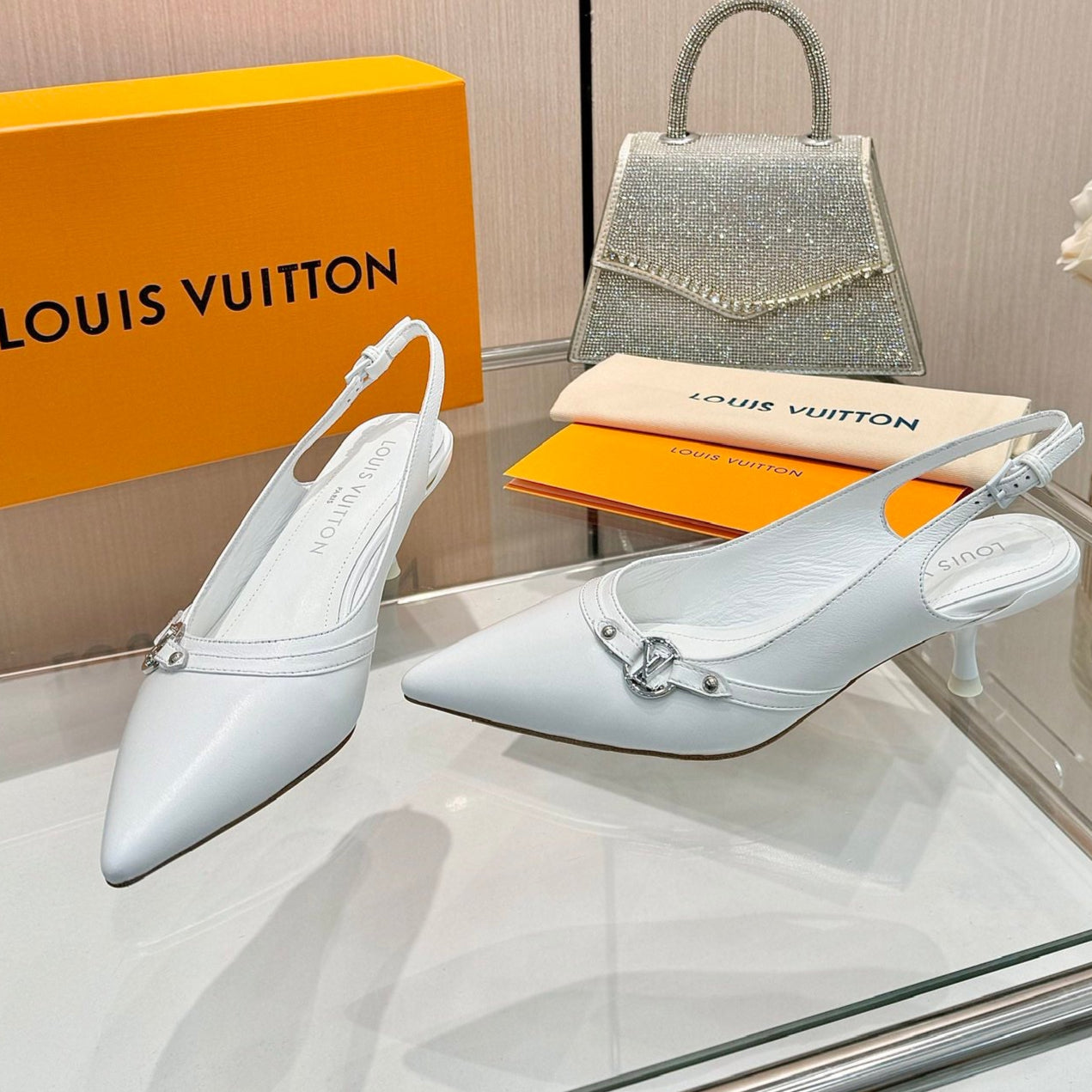 LOUIS VUITTON 6AM SLINGBACK HIGH HEELS 55 MM IN WHITE LAMBSKIN