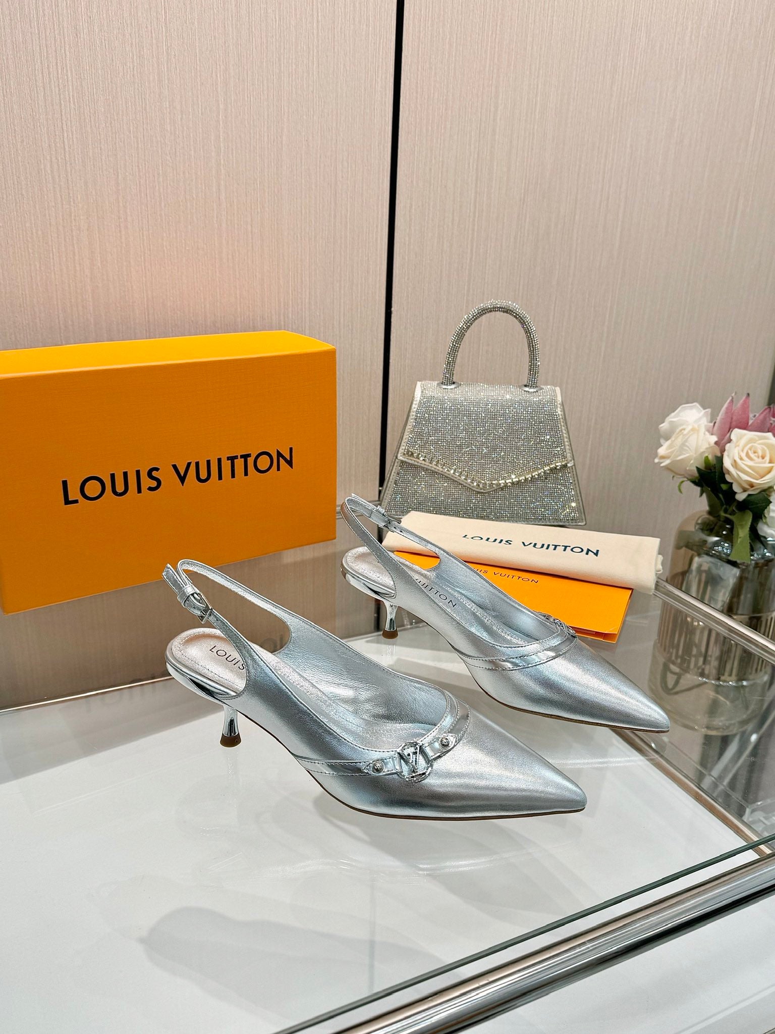 LOUIS VUITTON 6AM SLINGBACK HIGH HEELS 55 MM IN SILVER LAMBSKIN