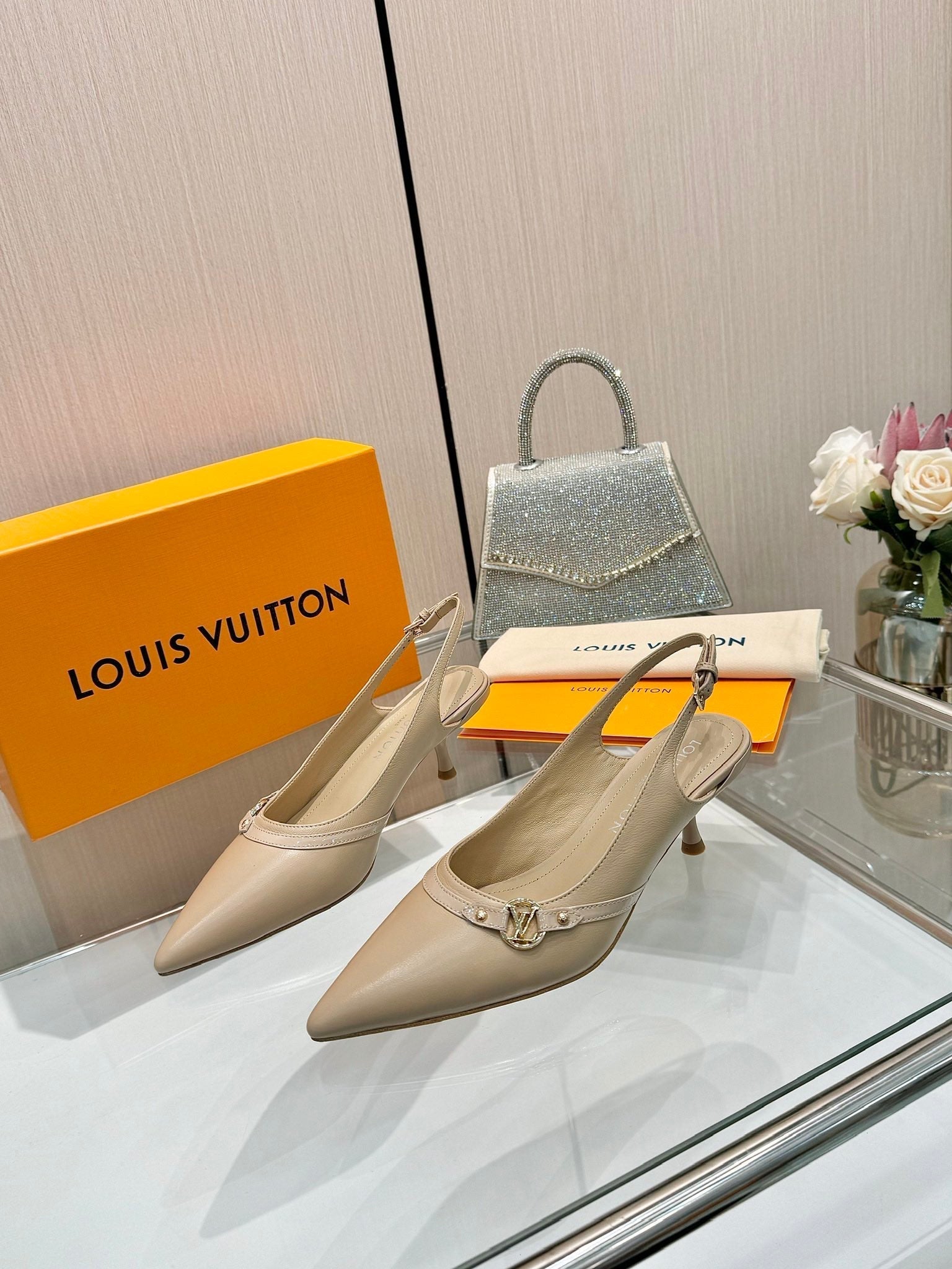 LOUIS VUITTON 6AM SLINGBACK HIGH HEELS 55 MM IN TAN BEIGE LAMBSKIN