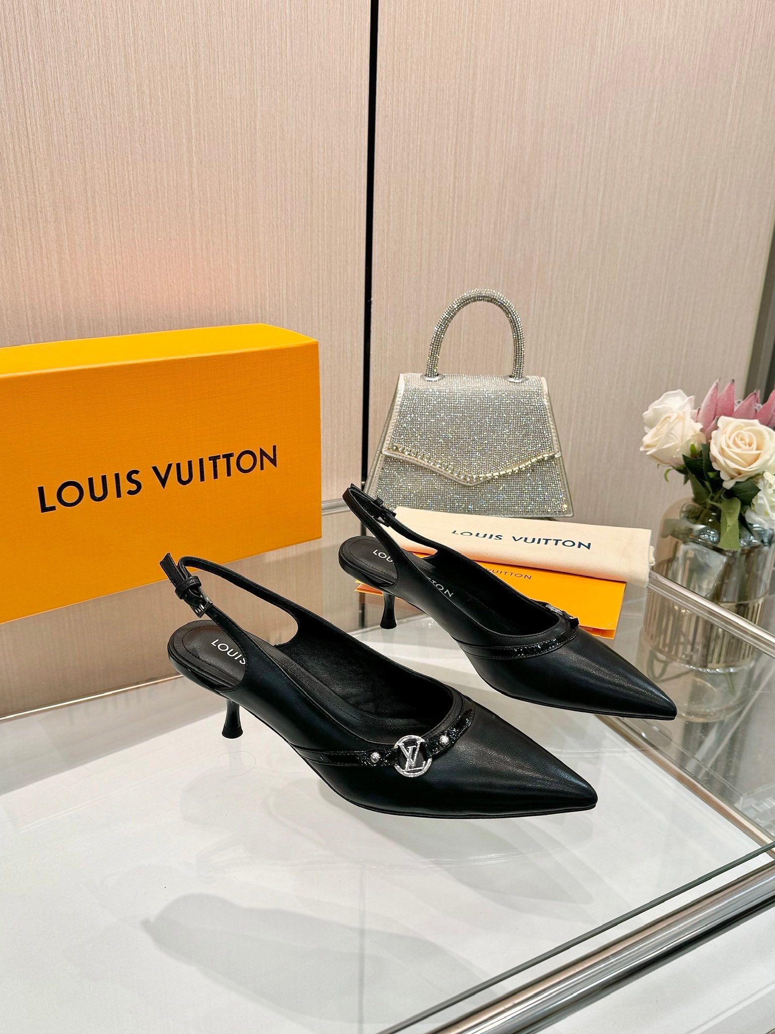 LOUIS VUITTON 6AM SLINGBACK HIGH HEELS 55 MM IN BLACK LAMBSKIN