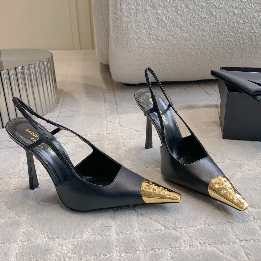 LOUIS VUITTON HIGH HEEL 10 CM SLINGBACK IN BLACK CALFSKIN WITH GOLD HARDWARE