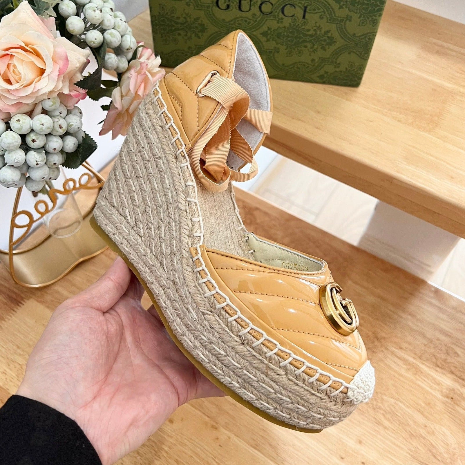 GUCCI Crochet platform Espadrilles Blush Amber Yellow