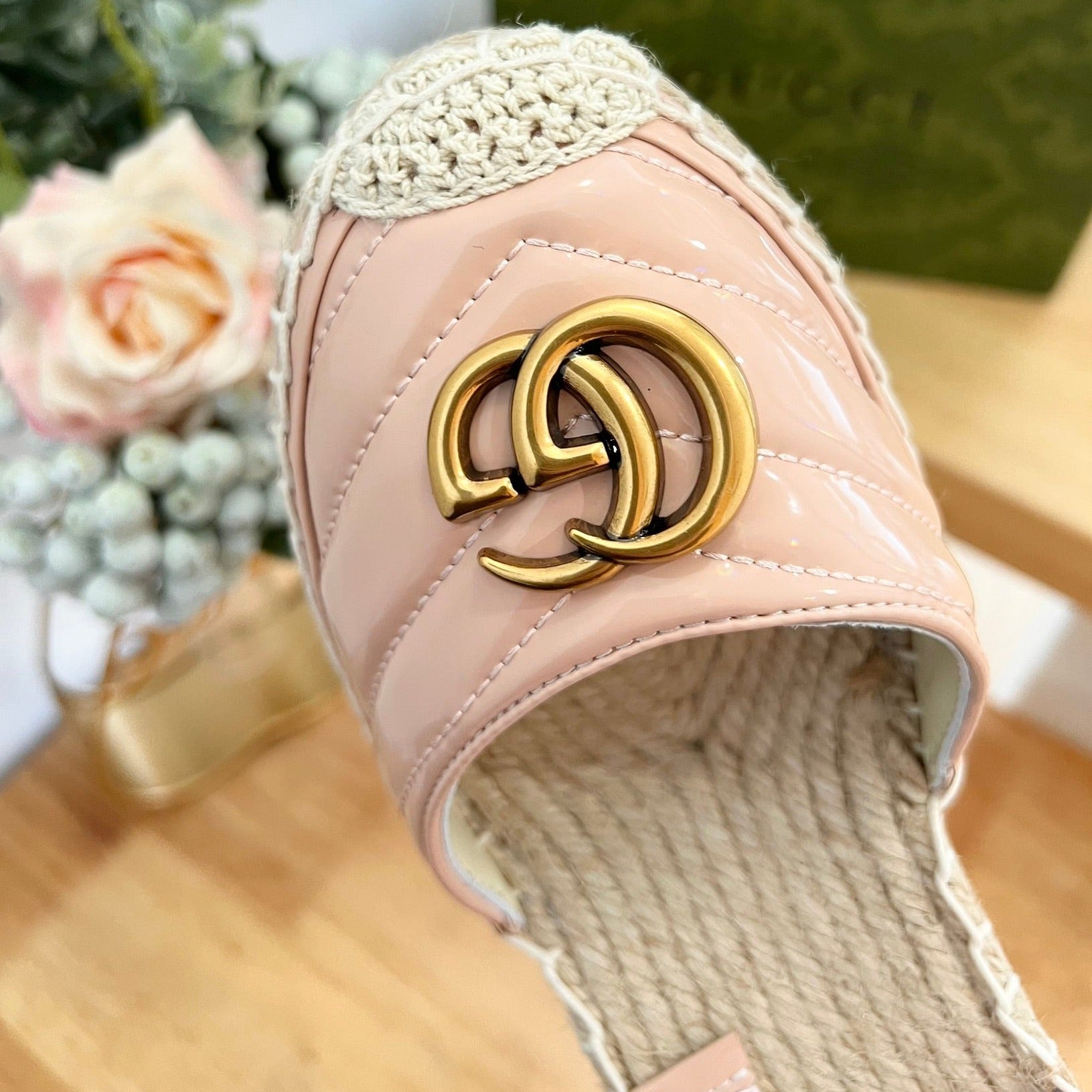 GUCCI Crochet platform Espadrilles Blush Pink