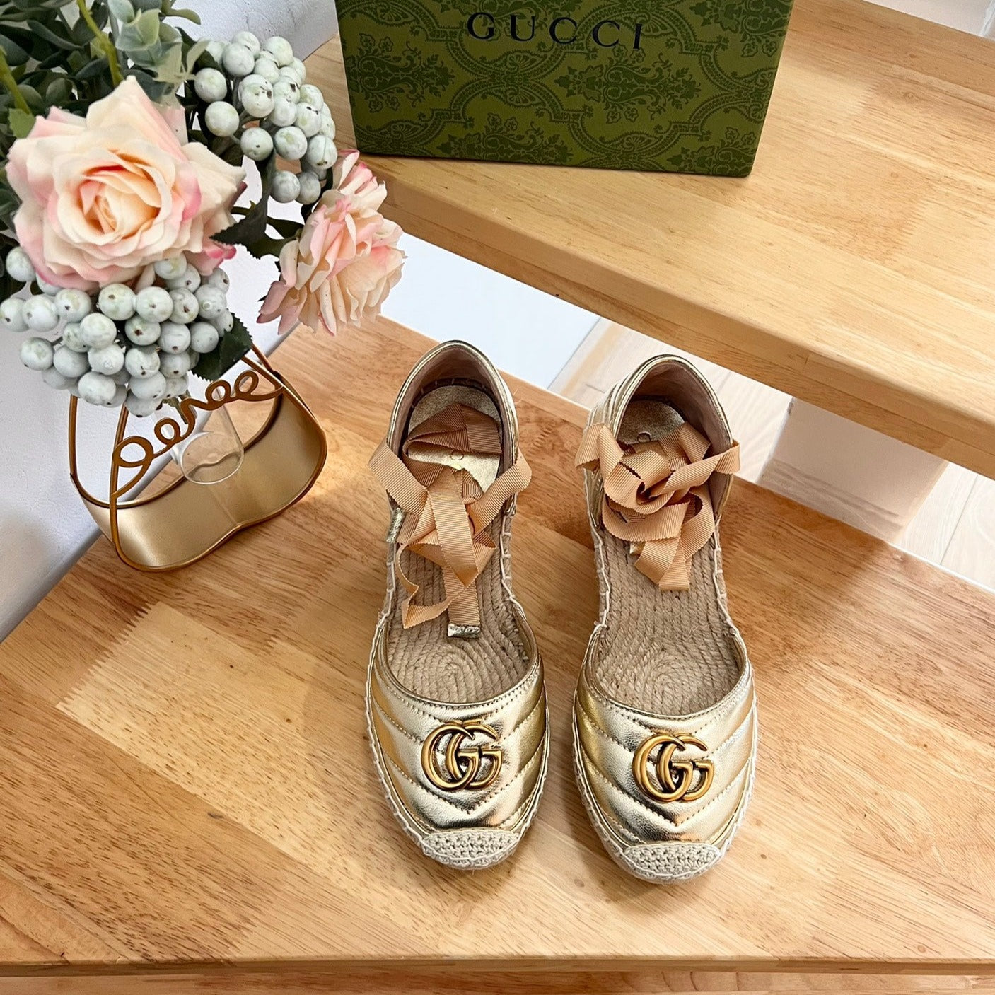 GUCCI Crochet platform Espadrilles Rose Tan Leather