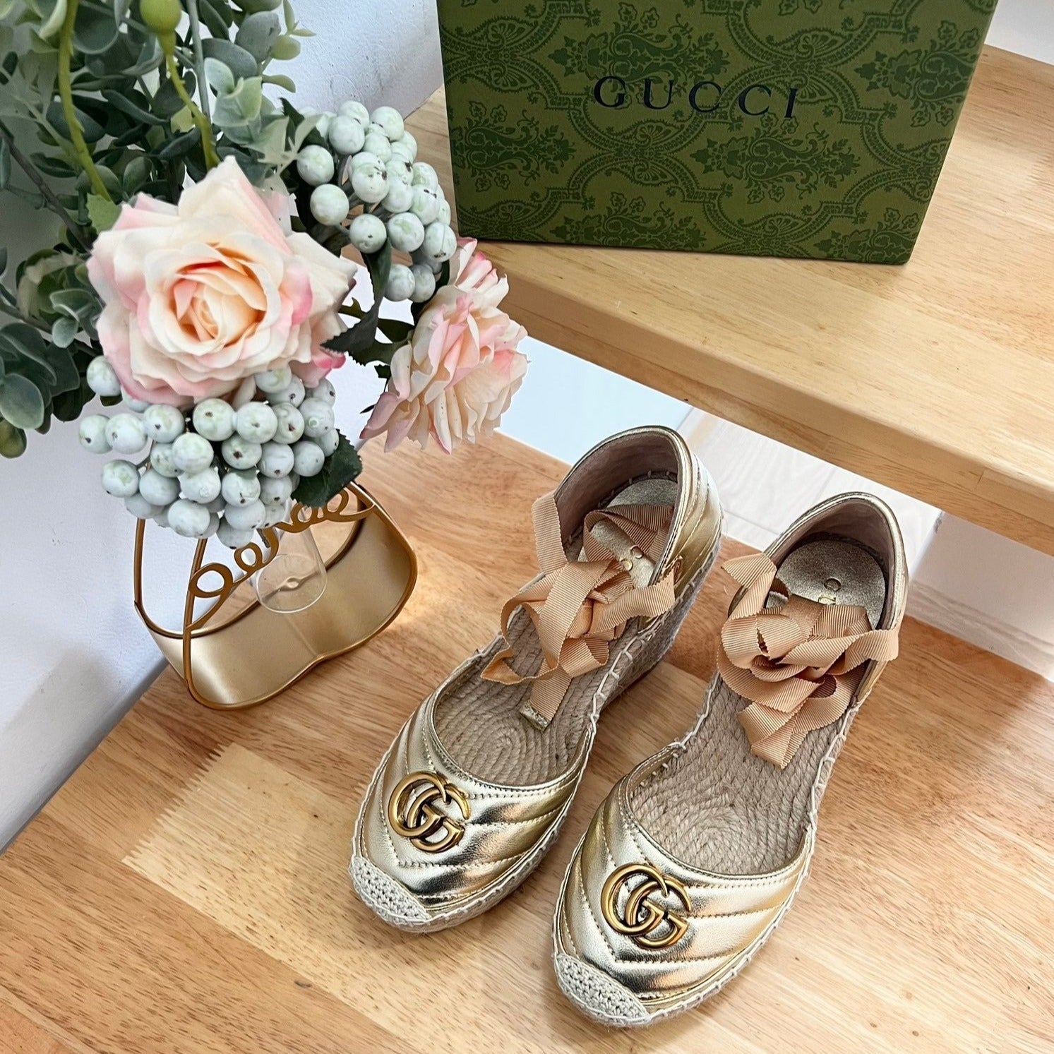 GUCCI Crochet platform Espadrilles Rose Tan Leather