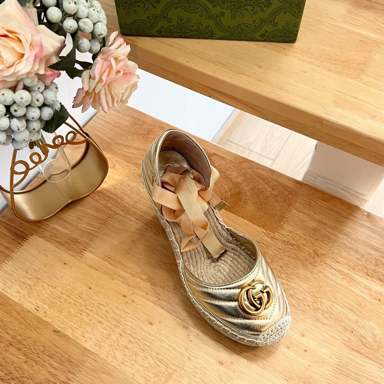 GUCCI Crochet platform Espadrilles Rose Tan Leather