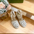 GUCCI PLATFORM WITH RHINESTONE LOGO IN CREAM BEIGE CANVAS AND STRAW LINING