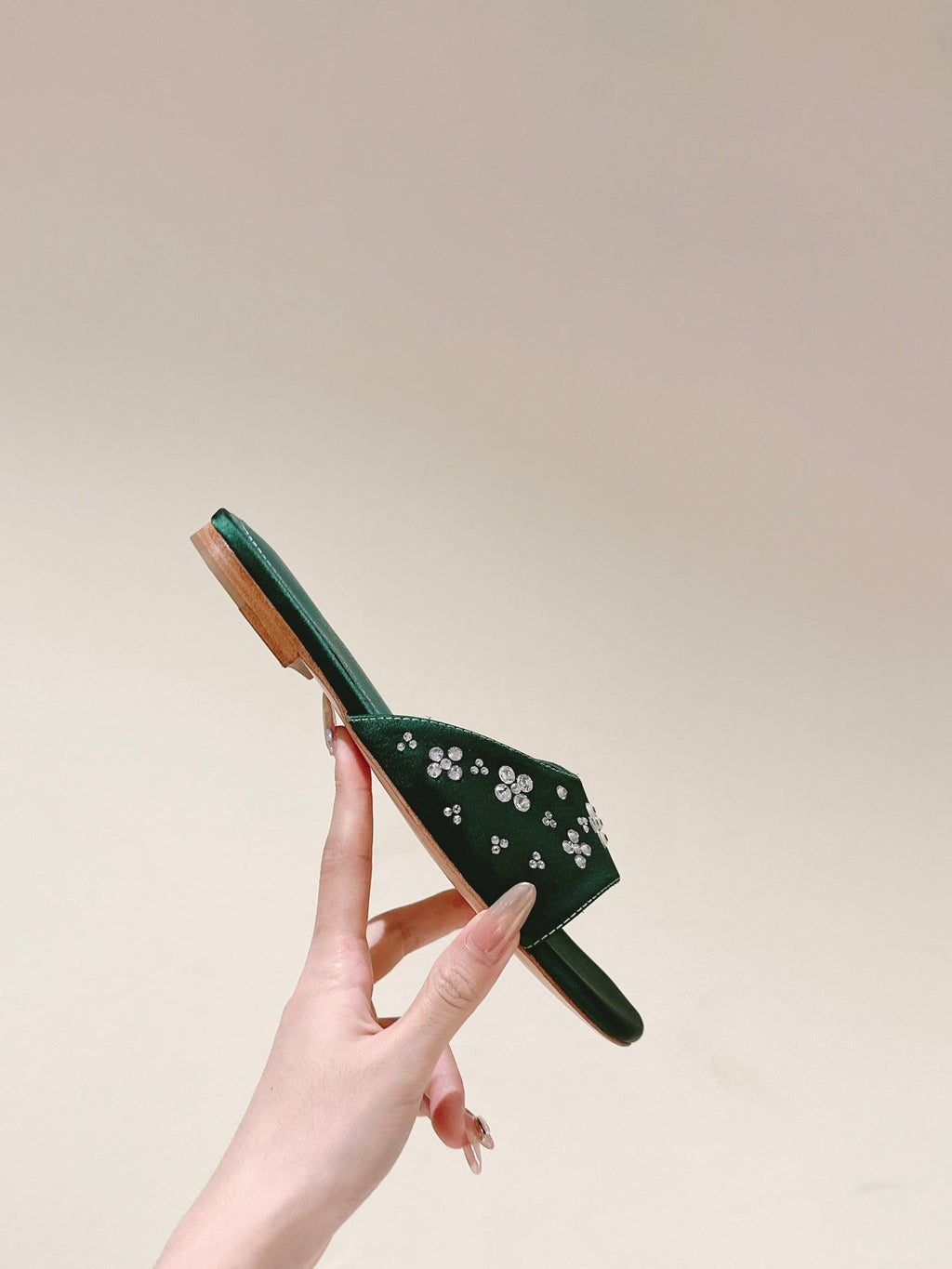 LOUIS VUITTON LV WOMEN FLAT MULE IN GREEN FOREST SATIN WITH RHINESTONE