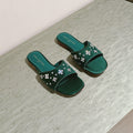 LOUIS VUITTON LV WOMEN FLAT MULE IN GREEN FOREST SATIN WITH RHINESTONE