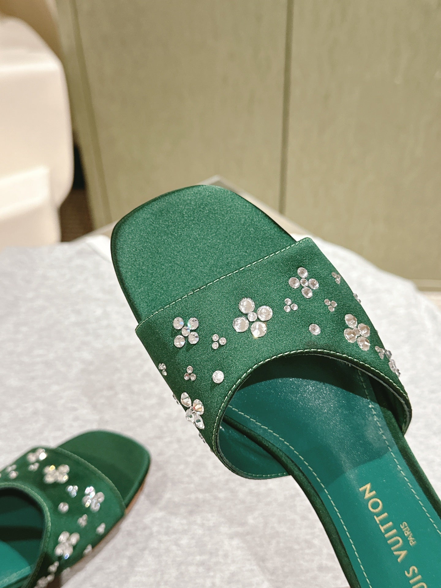 LOUIS VUITTON LV WOMEN FLAT MULE IN GREEN FOREST SATIN WITH RHINESTONE