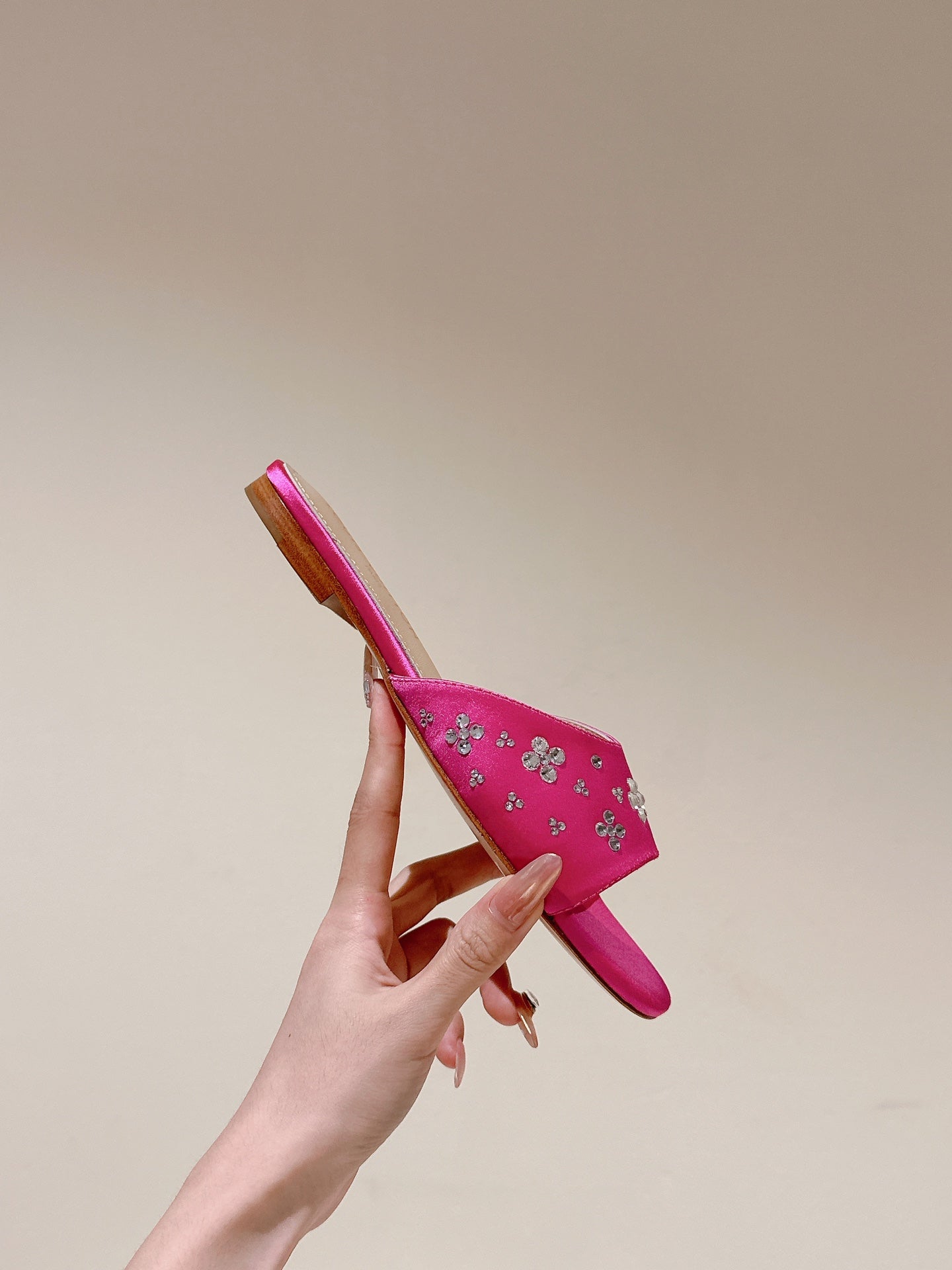 LOUIS VUITTON LV WOMEN FLAT MULE IN DEEP PINK SATIN WITH RHINESTONE