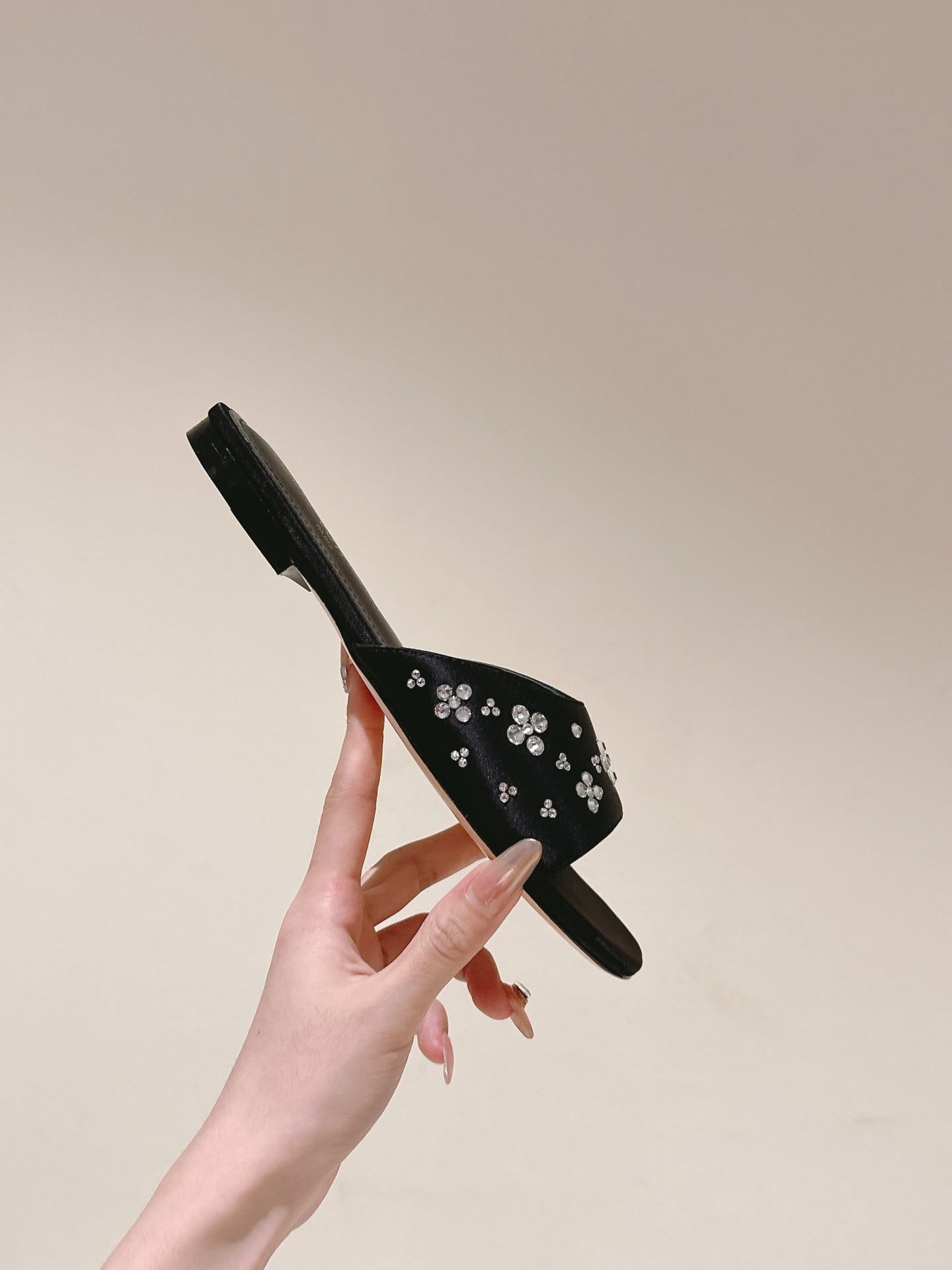 LOUIS VUITTON LV WOMEN FLAT MULE IN BLACK SATIN WITH RHINESTONE