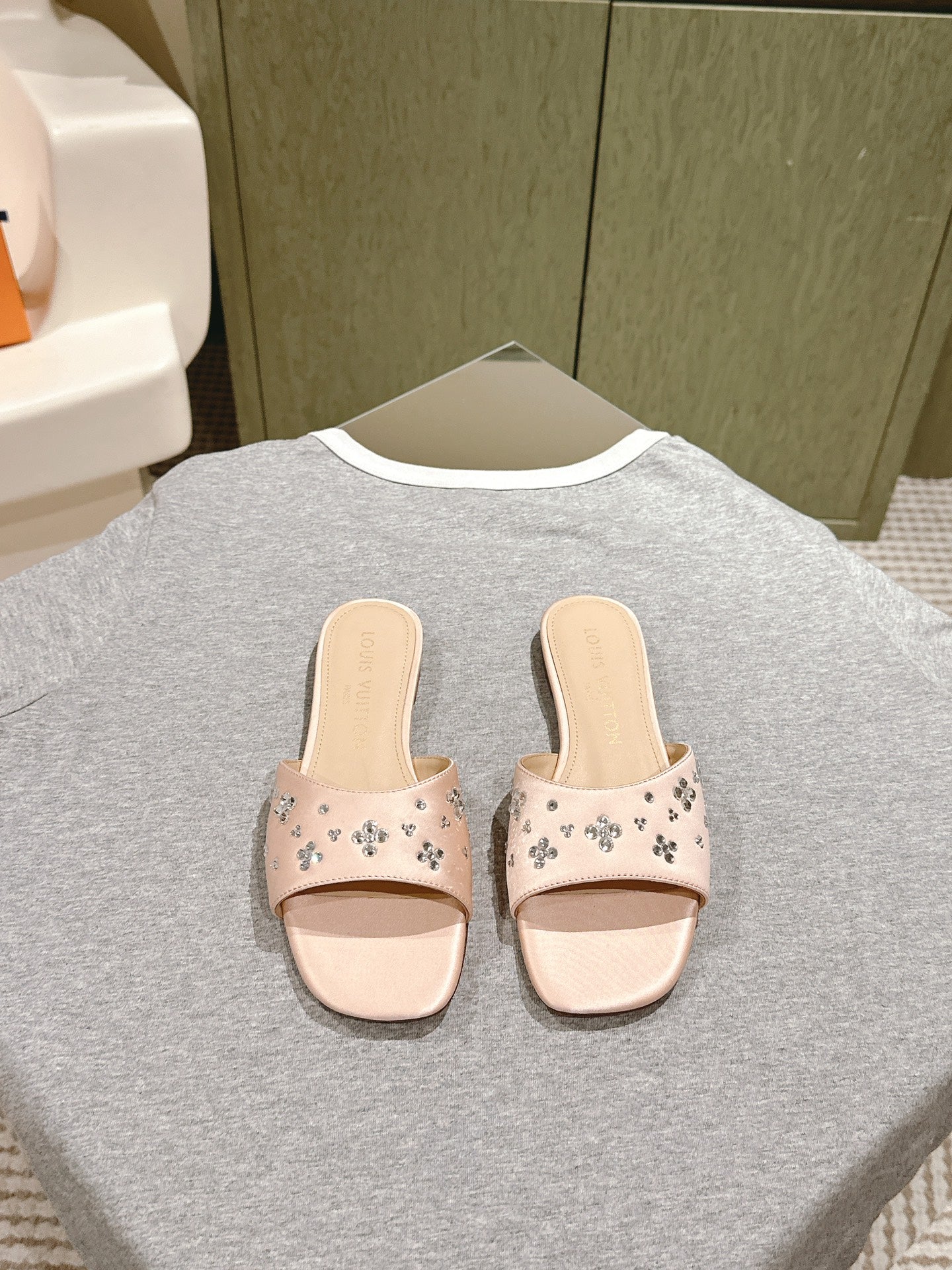 LOUIS VUITTON LV WOMEN FLAT MULE IN ALMOND BEIGE SATIN WITH RHINESTONE