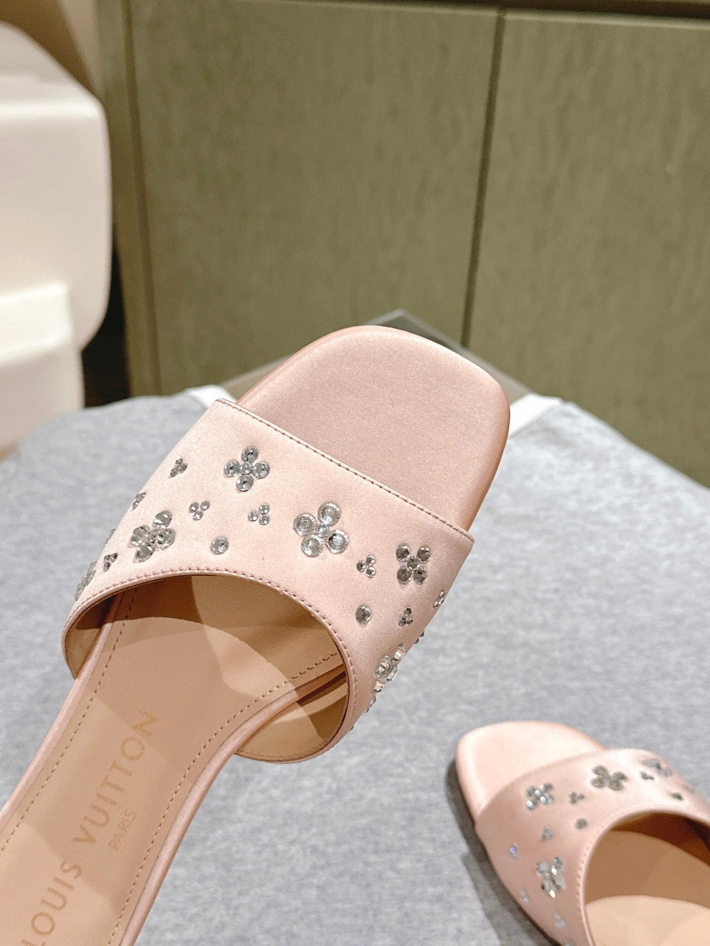 LOUIS VUITTON LV WOMEN FLAT MULE IN ALMOND BEIGE SATIN WITH RHINESTONE