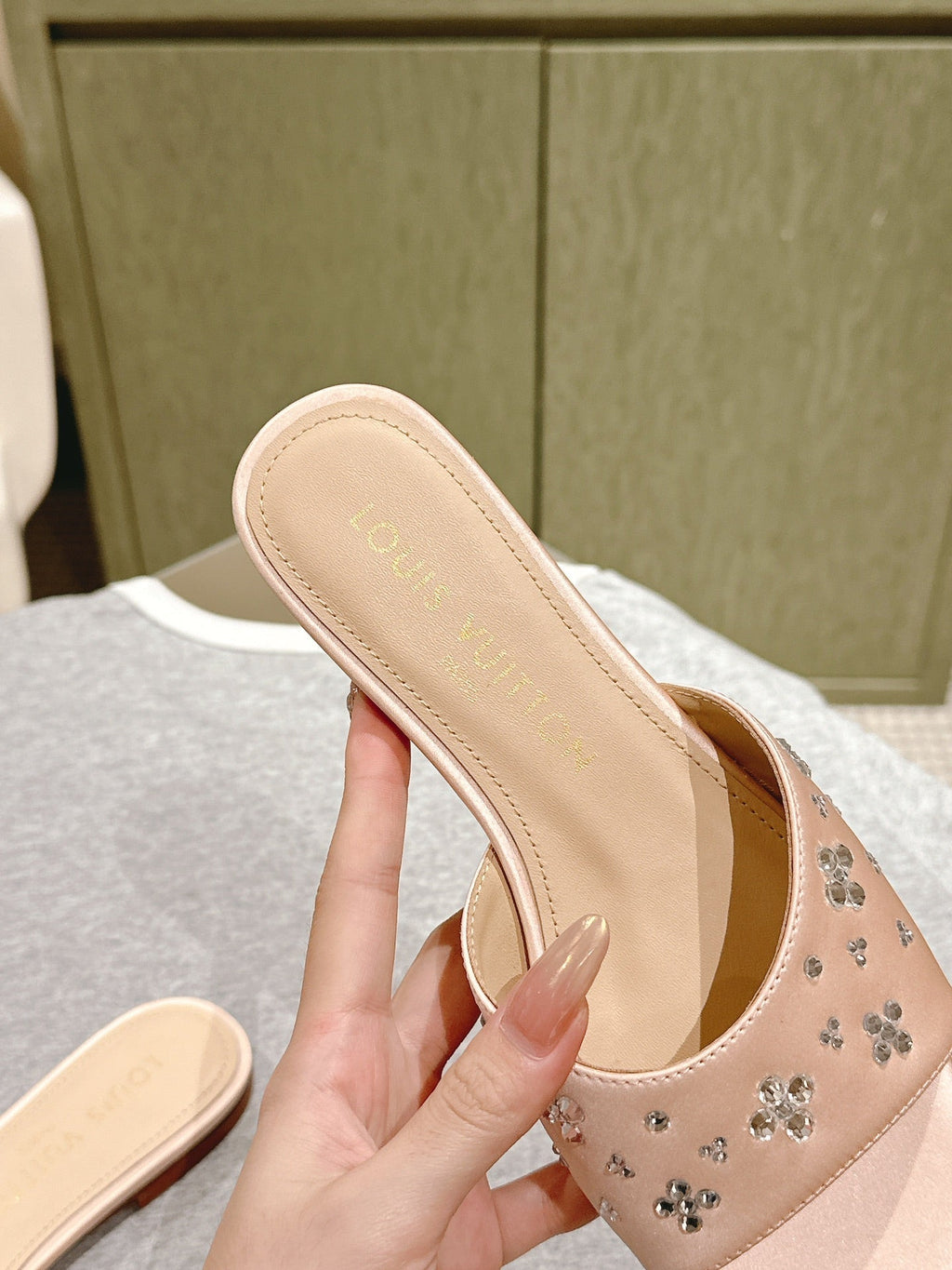 LOUIS VUITTON LV WOMEN FLAT MULE IN ALMOND BEIGE SATIN WITH RHINESTONE