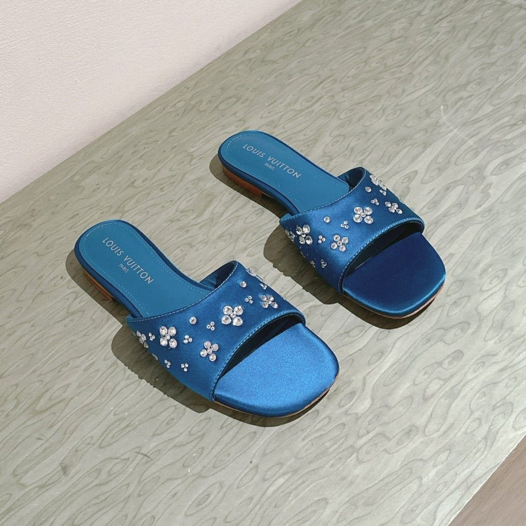 LOUIS VUITTON LV WOMEN FLAT MULE IN COBALT BLUE SATIN WITH RHINESTONE